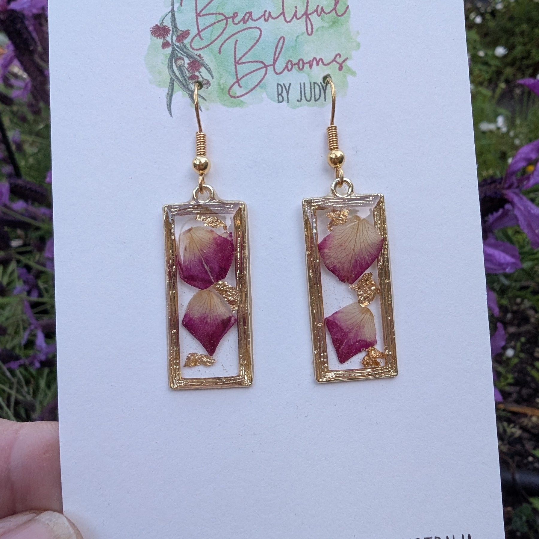 Pink Rose Petal old Rectangular Dangle Earrings