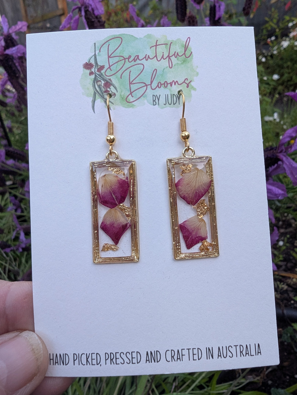 Pink Rose Petal old Rectangular Dangle Earrings