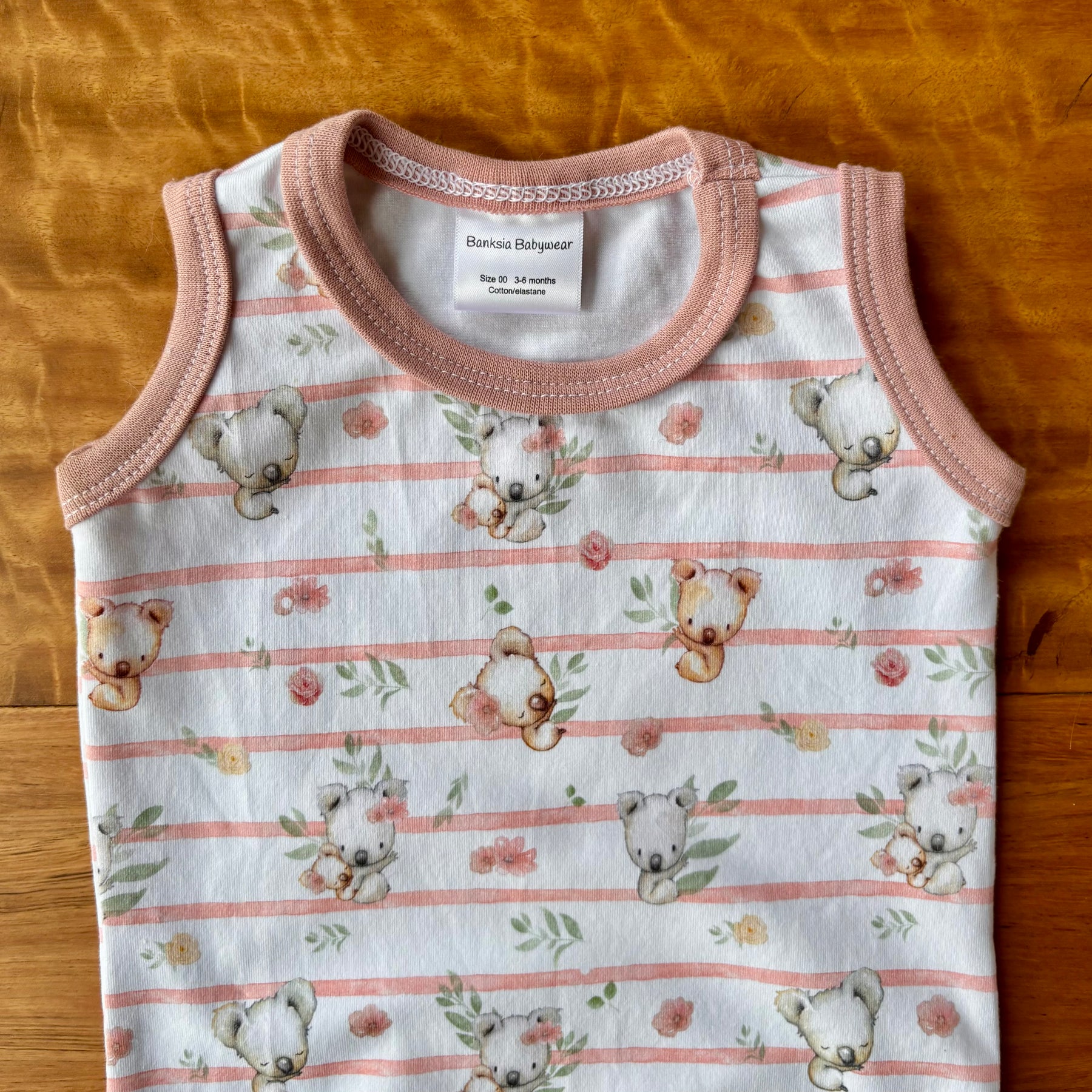 Baby Tank Bodysuit | Pink Koala Stripe | Size premmie to 2 | Made to order