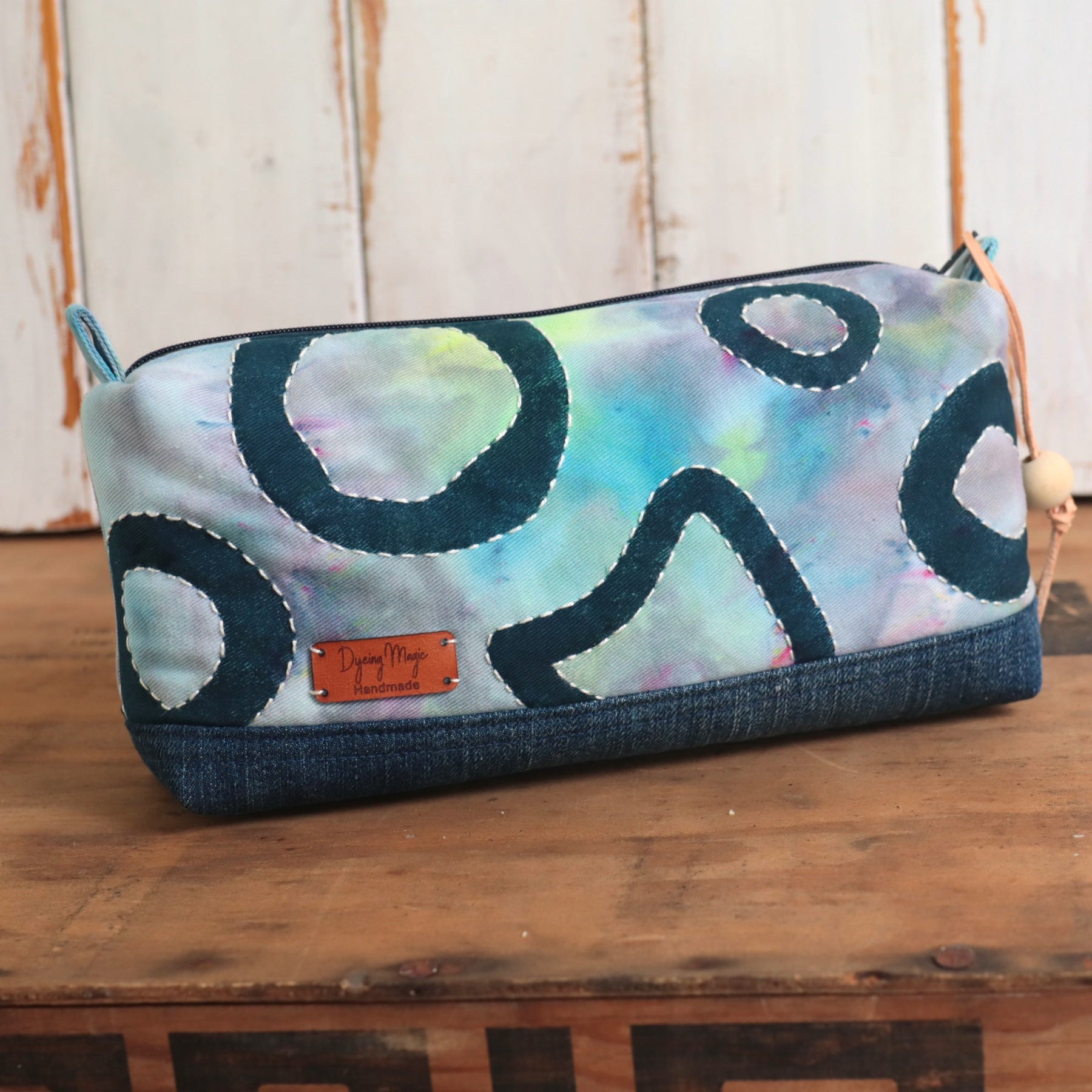 Ice Dyed and Block Printed Boxy Zipper Pouch, Pencil Case, Makeup Bag