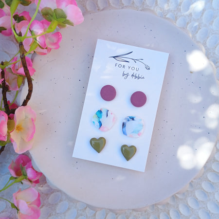 Trio set stud earrings, pinks and greens