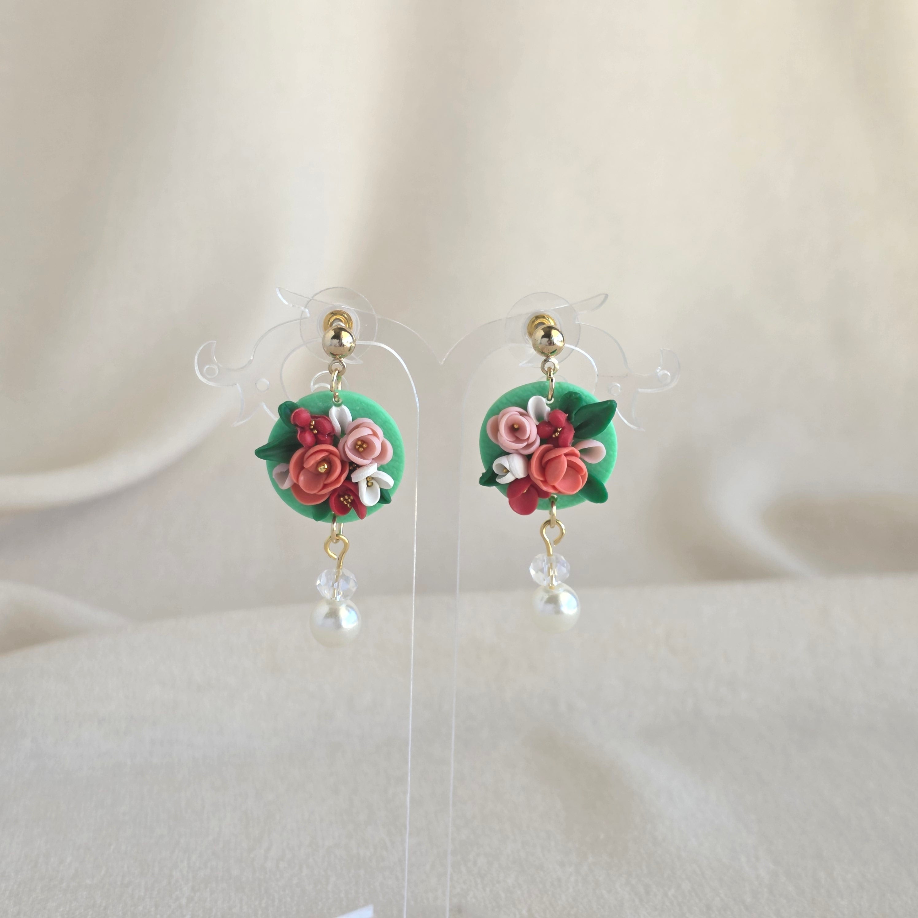 Handmade Green Floral Polymer Clay Earrings | Statement Flower Earrings | Lightweight Jewellery | Gift for Her