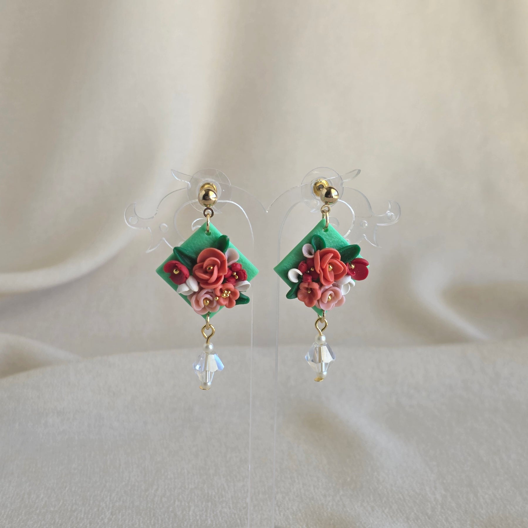 Handmade Green Floral Polymer Clay Earrings | Statement Flower Earrings | Lightweight Jewellery | Gift for Her
