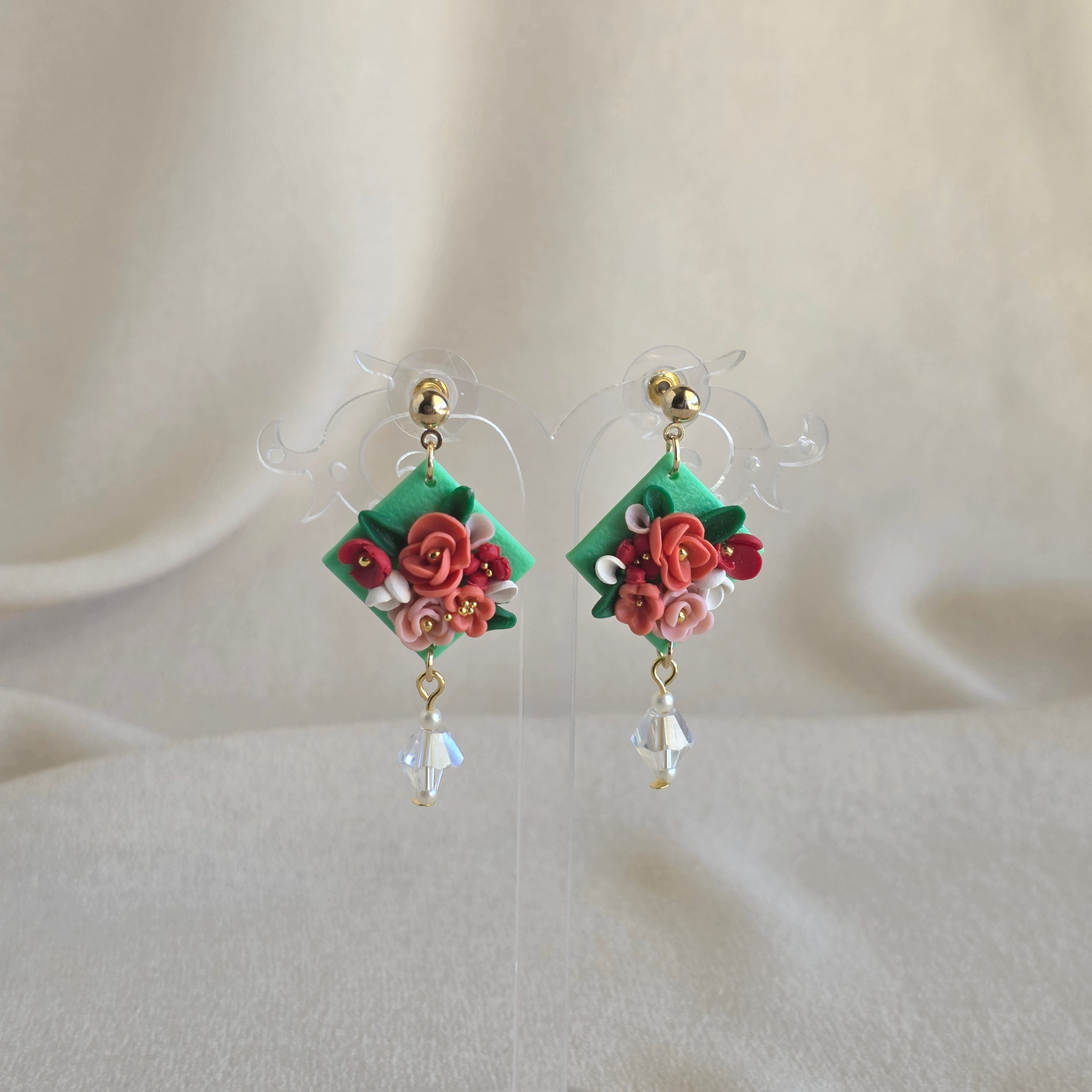 Handmade Green Floral Polymer Clay Earrings | Statement Flower Earrings | Lightweight Jewellery | Gift for Her