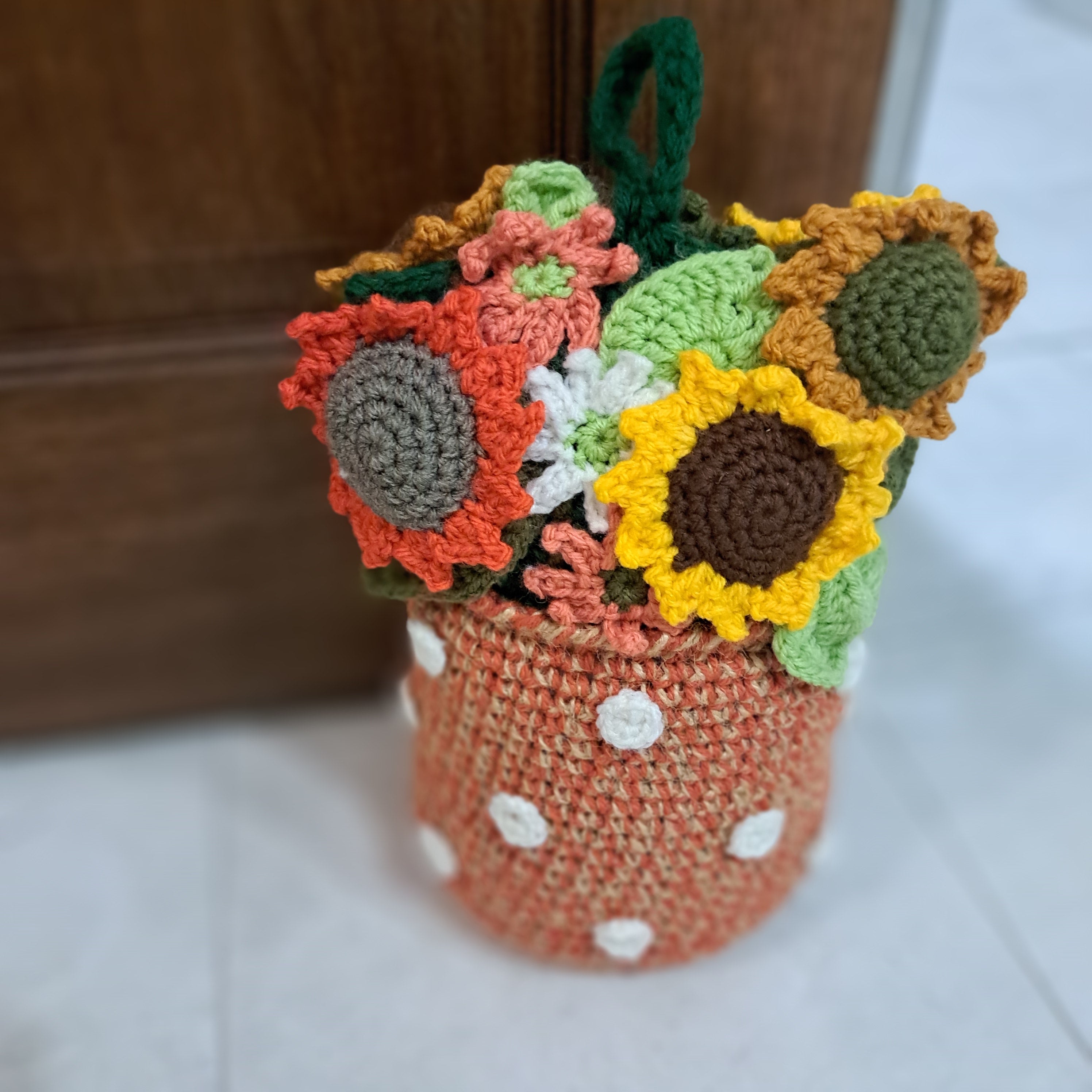 Crochet Doorstop vase of sunflowers