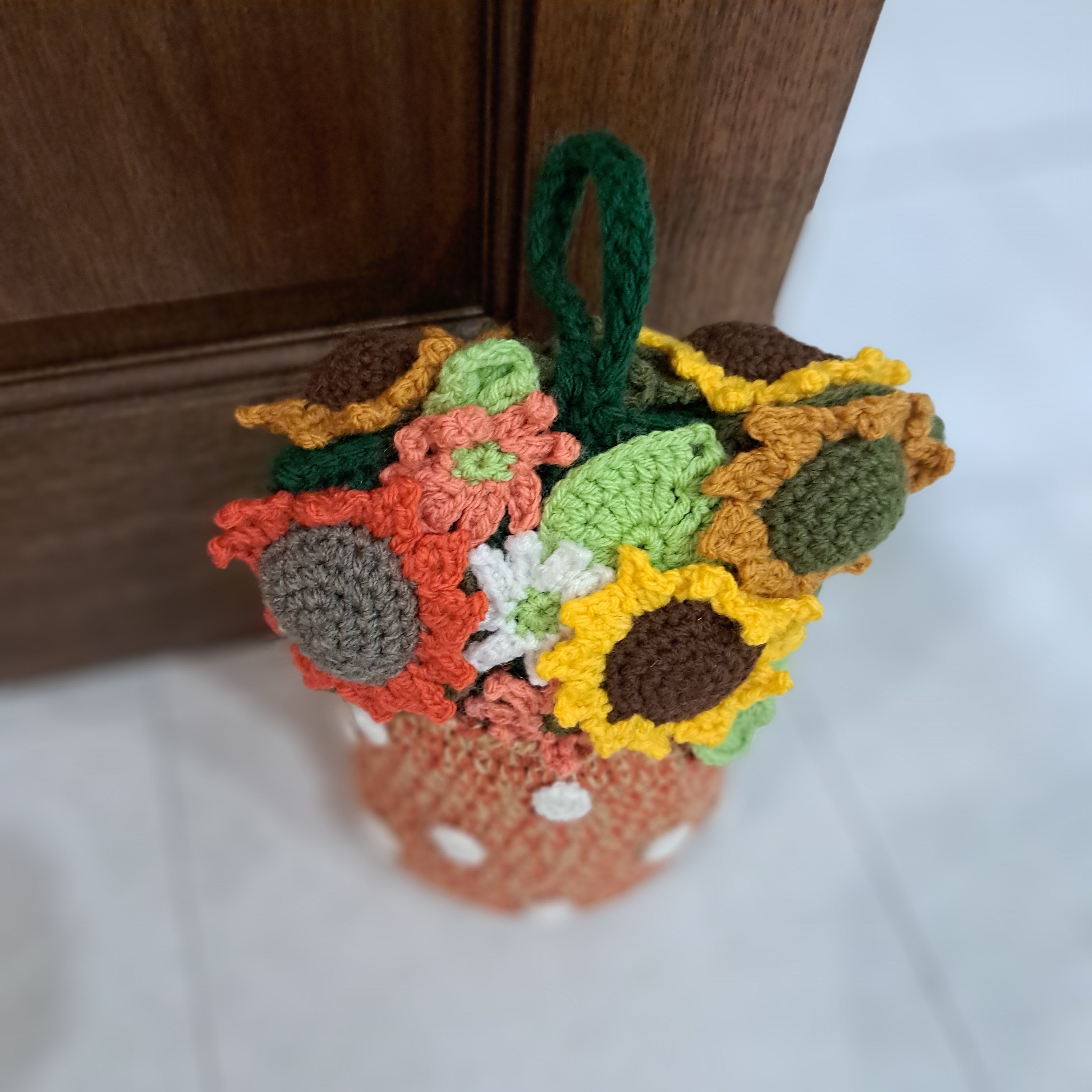 Crochet Doorstop vase of sunflowers