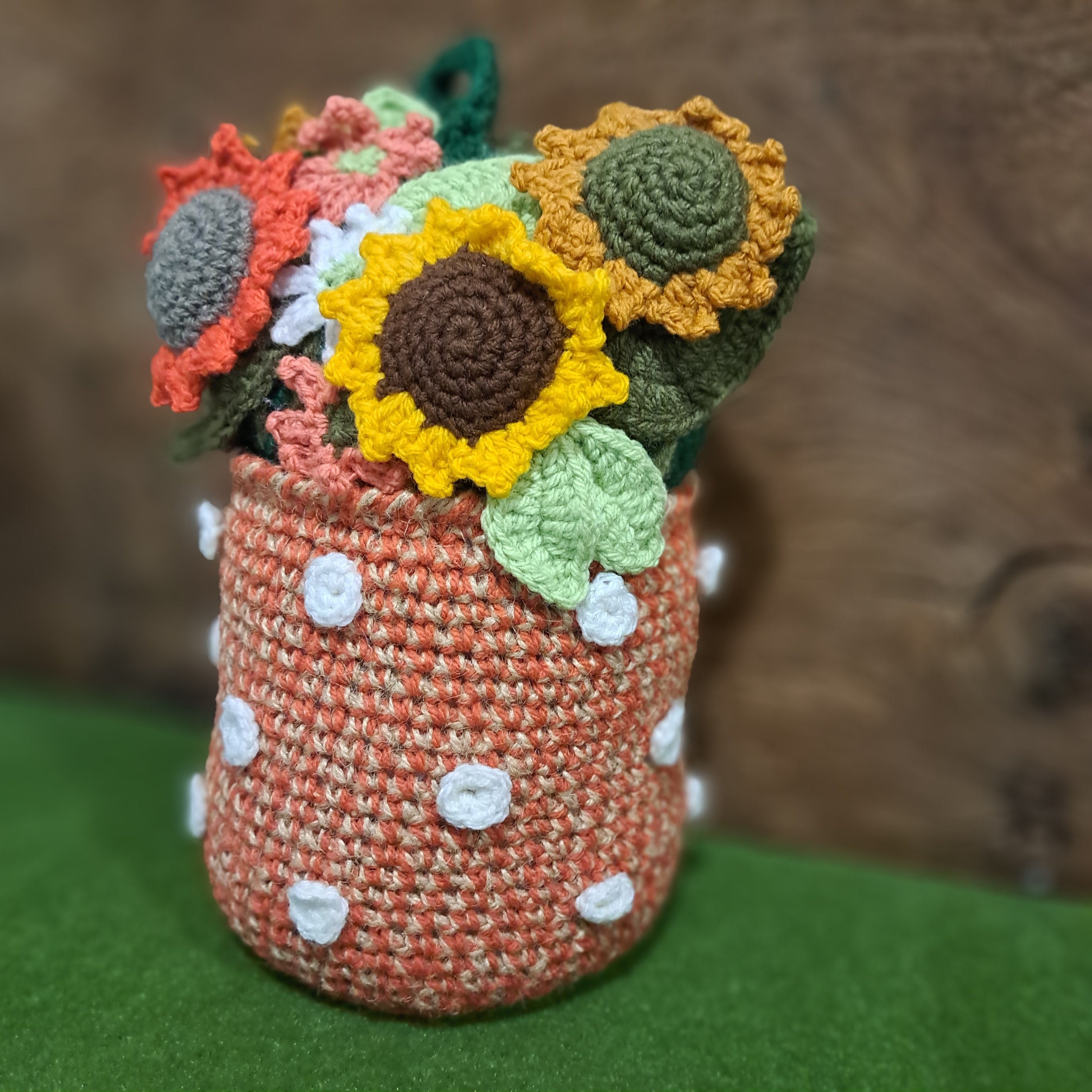 Doorstop vase of crochet sunflowers