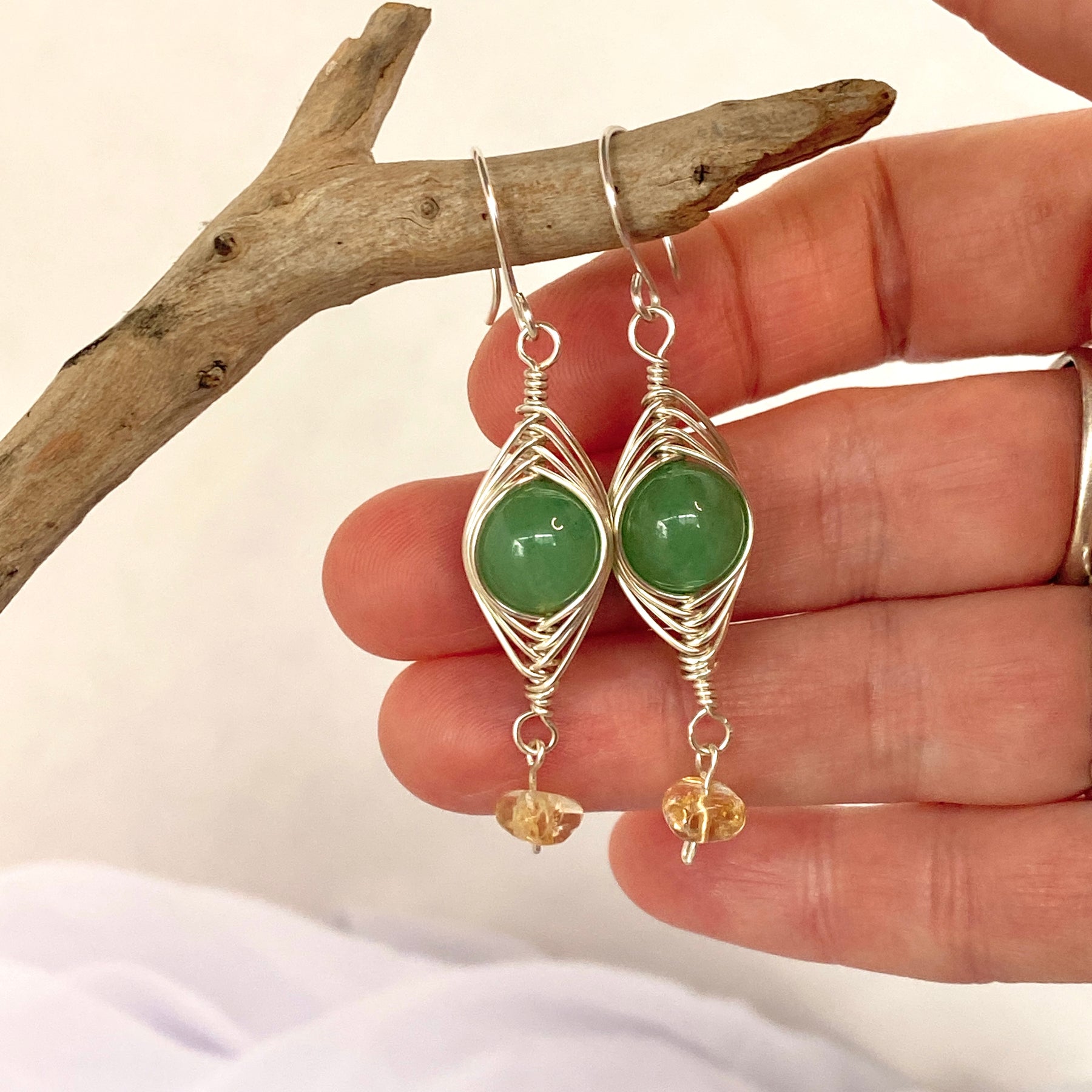Green Aventurine and Citrine Earrings | Gemstone Wire Wrap Jewellery