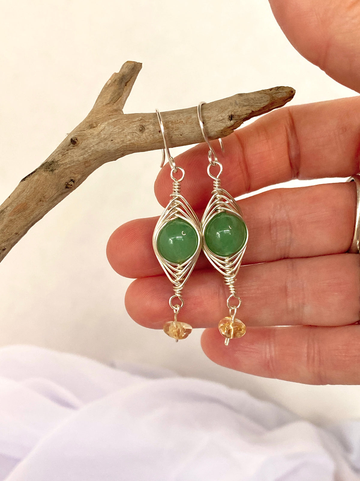 Green Aventurine and Citrine Earrings | Gemstone Wire Wrap Jewellery