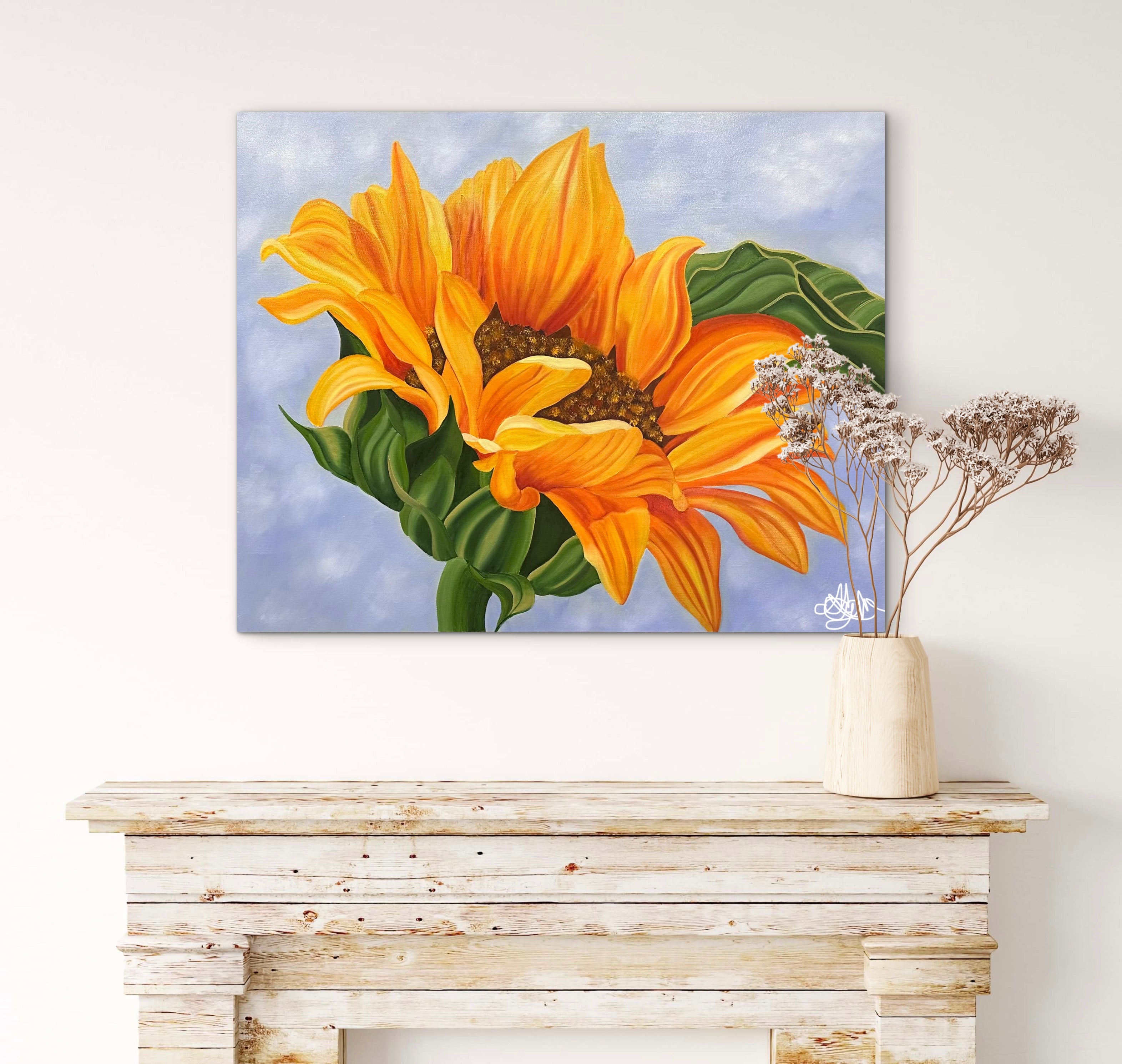 Sunshine Beneath a Blue Sky - Original Oil Painting of a Sunflower - Hand Painted