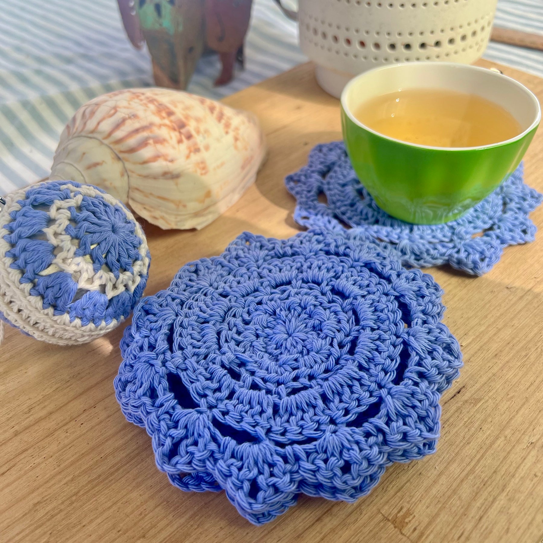 Crochet Coasters Set of 4, Cotton Mandala Coasters, Coastal Boho Home Decor