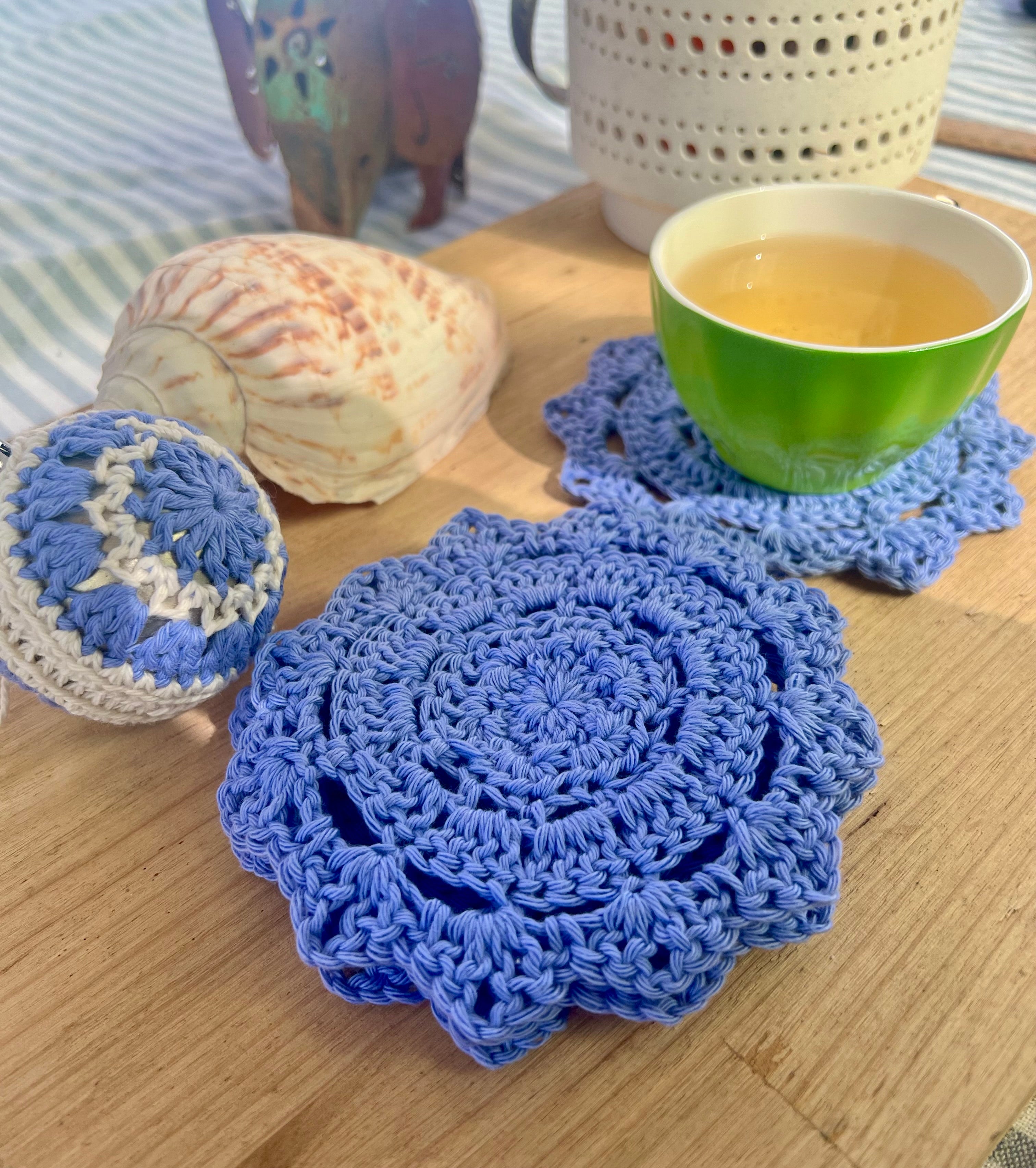 Crochet Coasters Set of 4, Cotton Mandala Coasters, Coastal Boho Home Decor