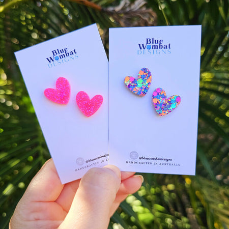 Resin Glitter Love Heart Stud Earrings 16mm