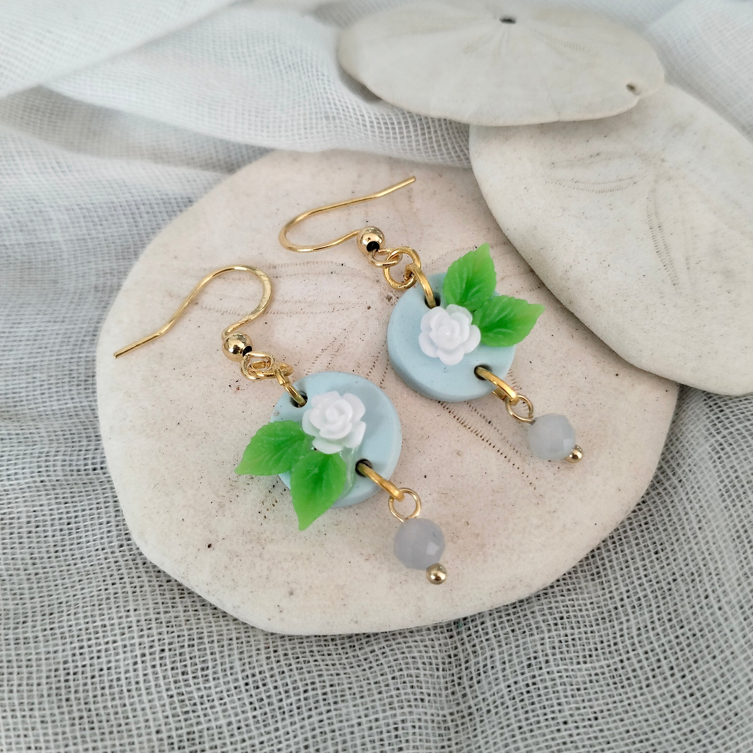 Earrings - Dainty Blue Rose and Morganite Beads - Artful Dangles