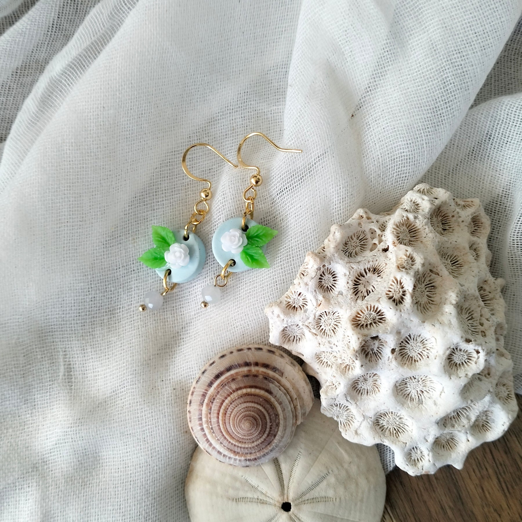 Earrings - Dainty Blue Rose and Morganite Beads - Artful Dangles