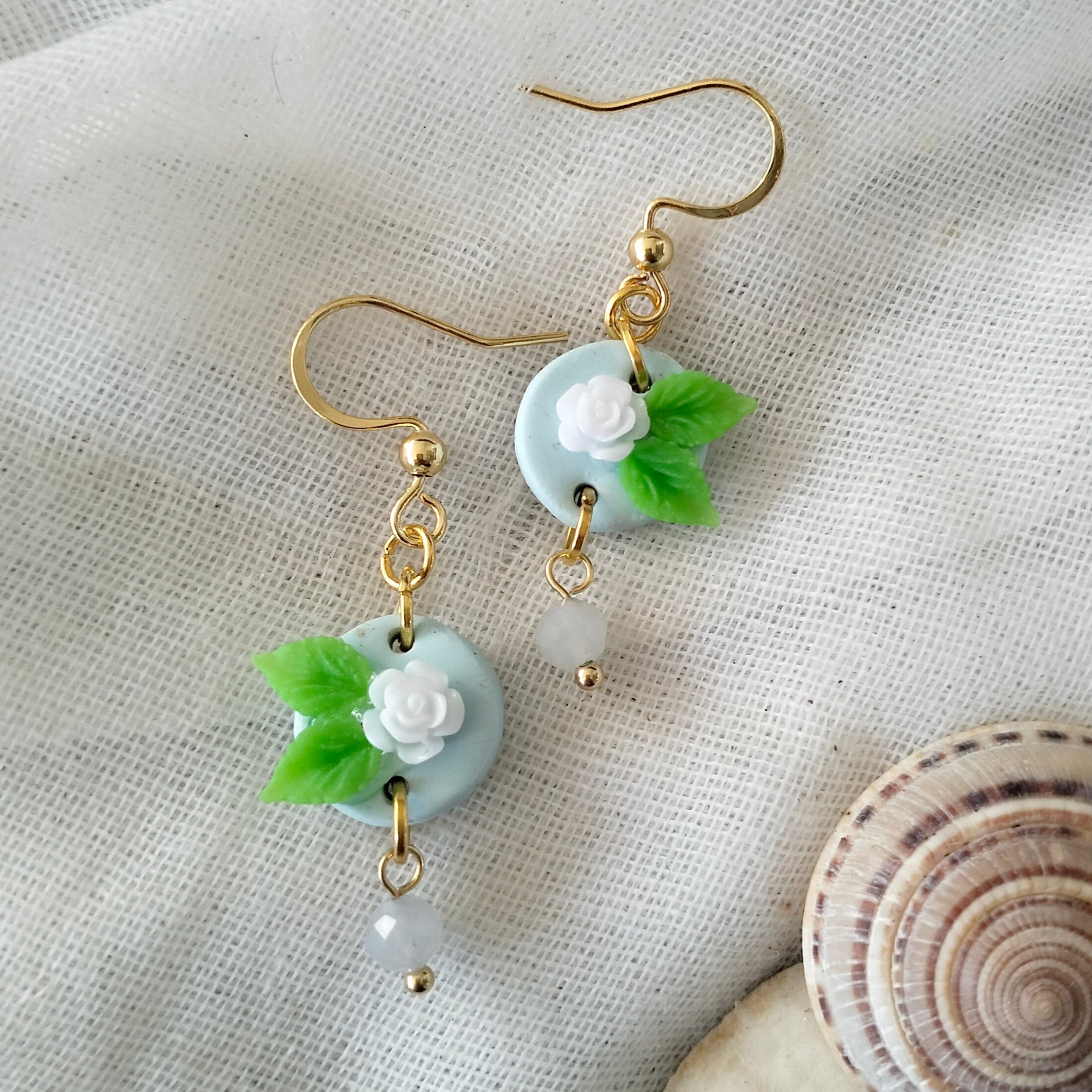 Earrings - Dainty Blue Rose and Morganite Beads - Artful Dangles