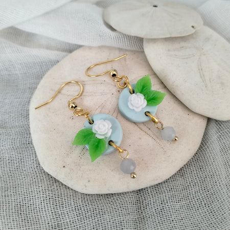 Earrings - Dainty Blue Rose and Morganite Beads - Artful Dangles