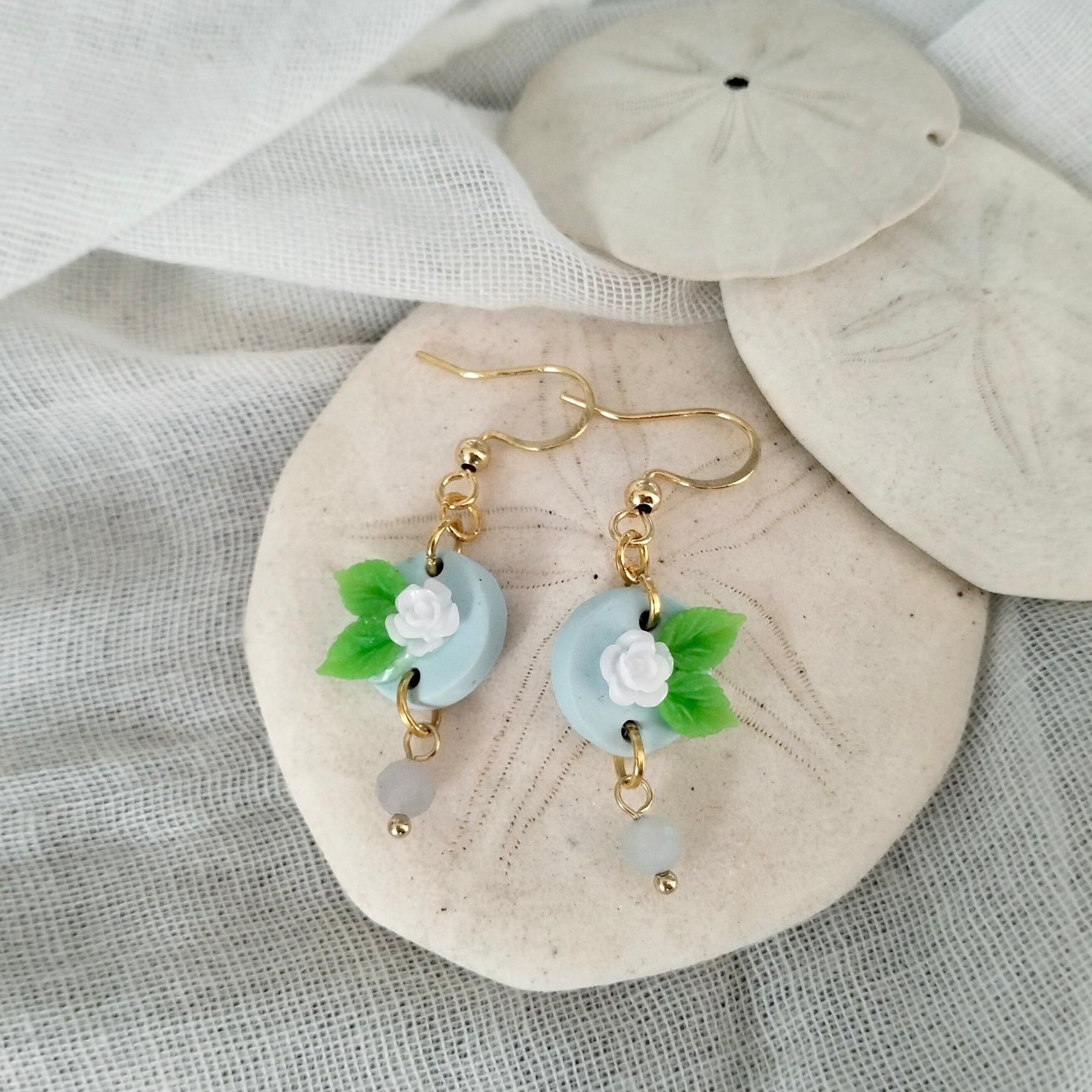 Earrings - Dainty Blue Rose and Morganite Beads - Artful Dangles