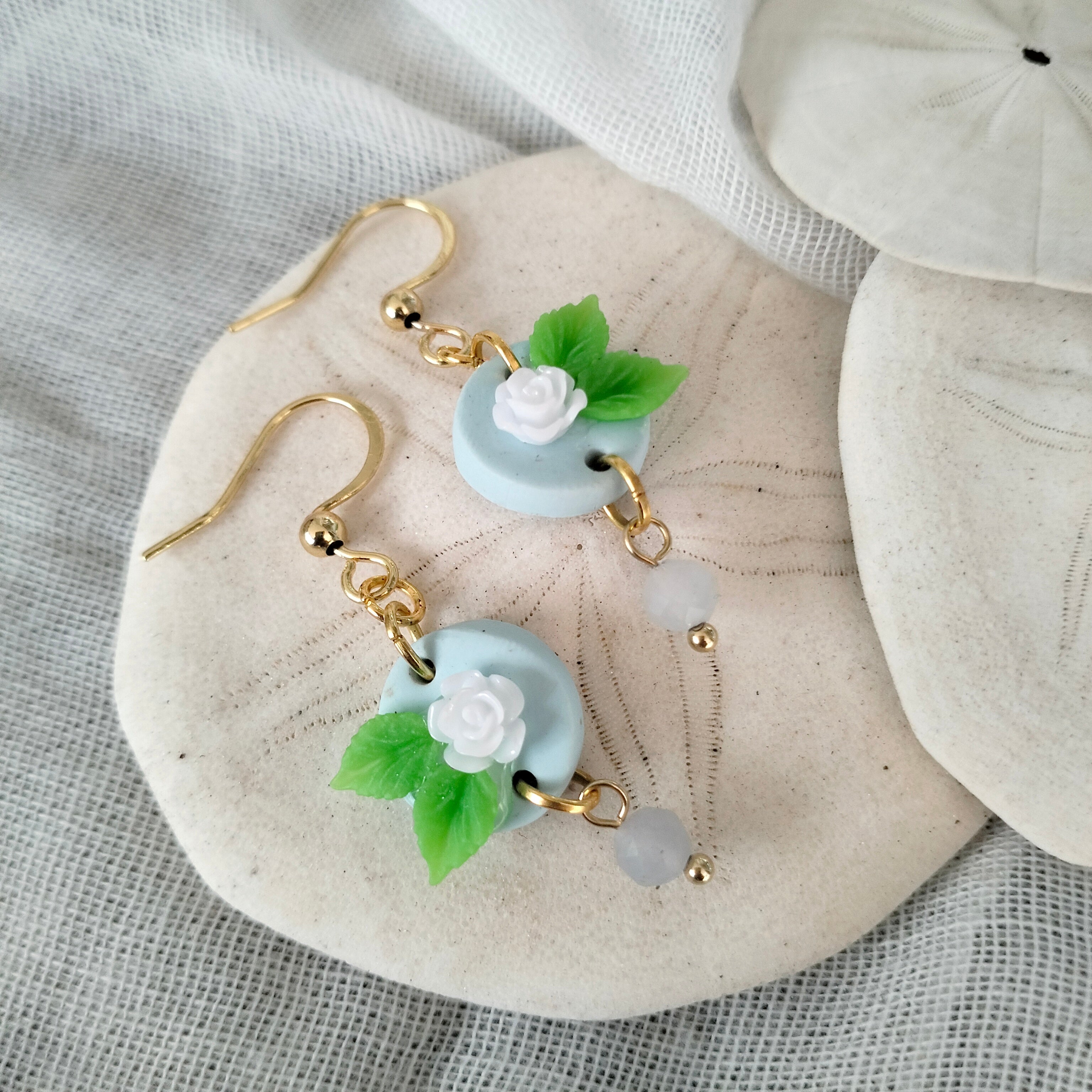 Earrings - Dainty Blue Rose and Morganite Beads - Artful Dangles