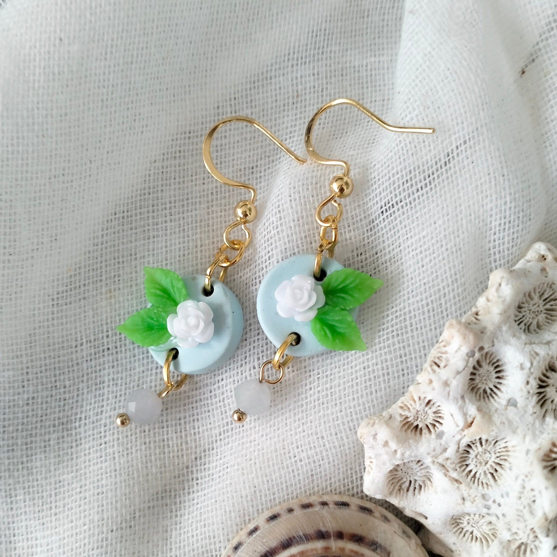 Earrings - Dainty Blue Rose and Morganite Beads - Artful Dangles