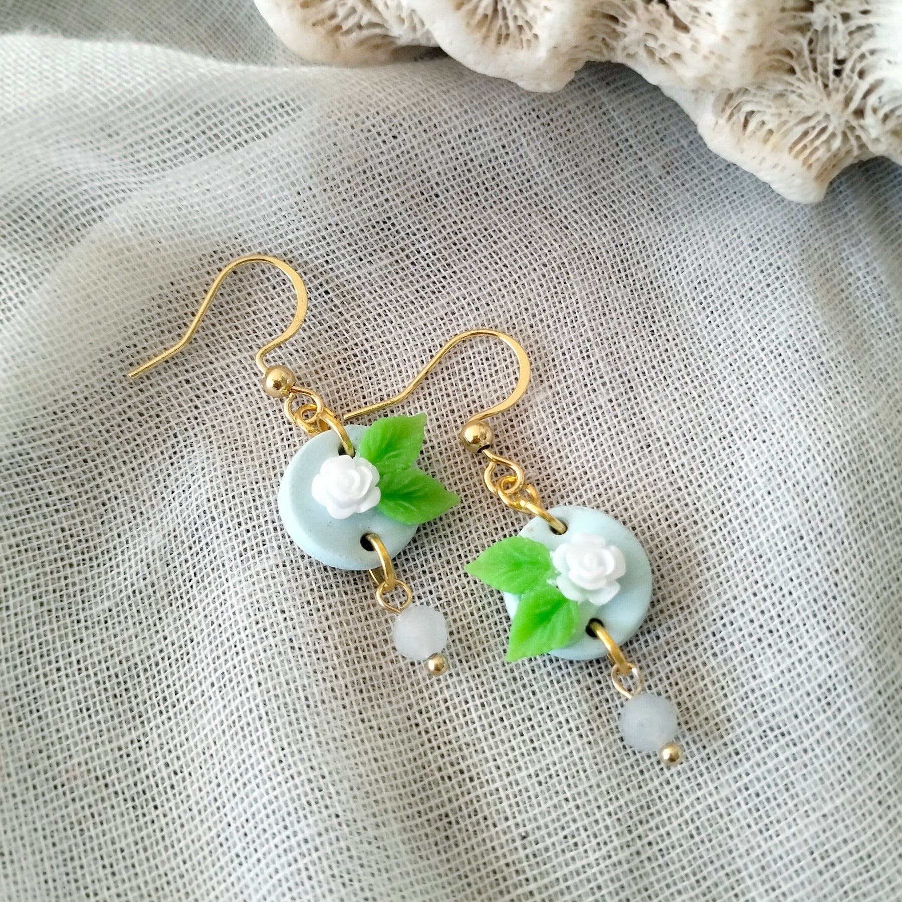 Earrings - Dainty Blue Rose and Morganite Beads - Artful Dangles