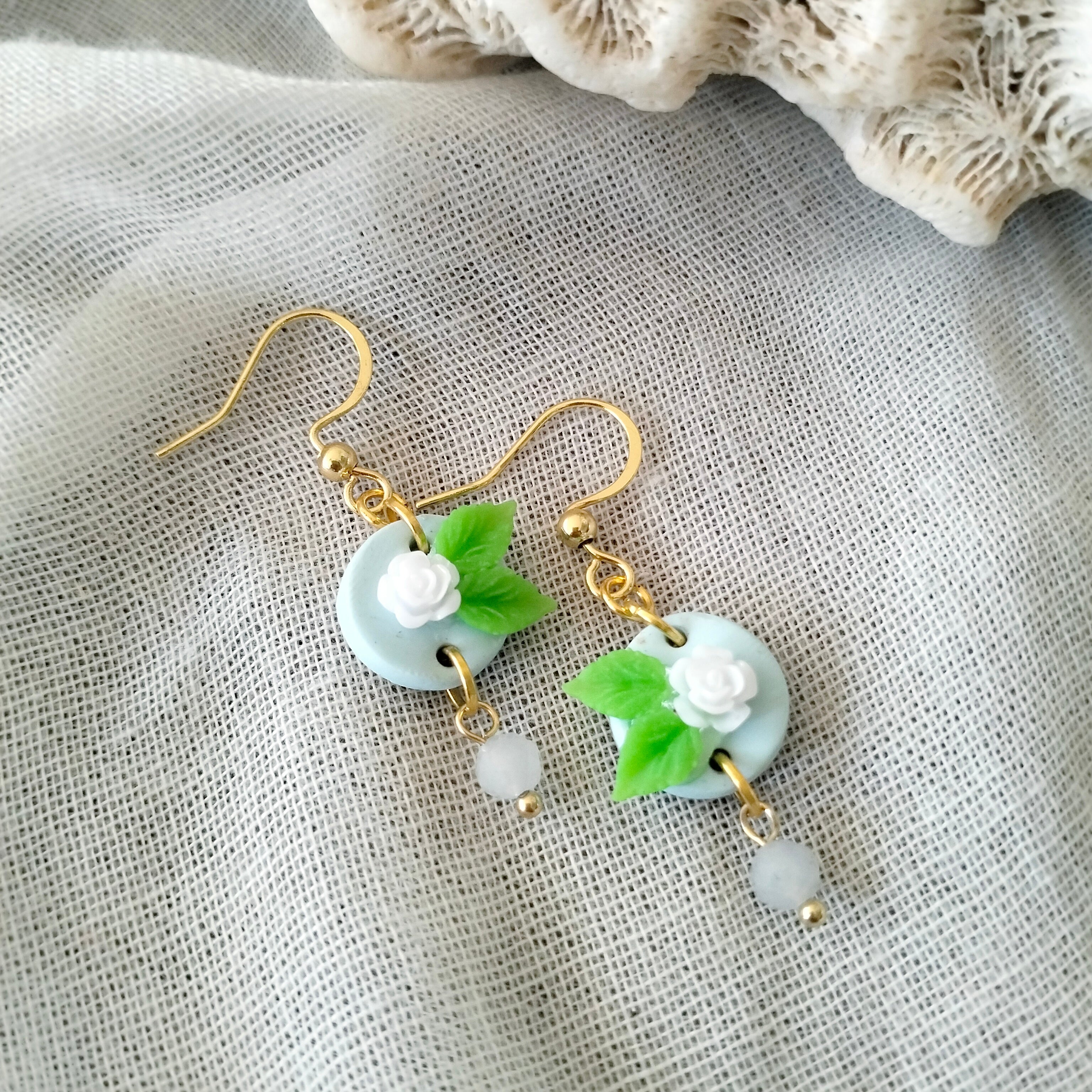 Earrings - Dainty Blue Rose and Morganite Beads - Artful Dangles