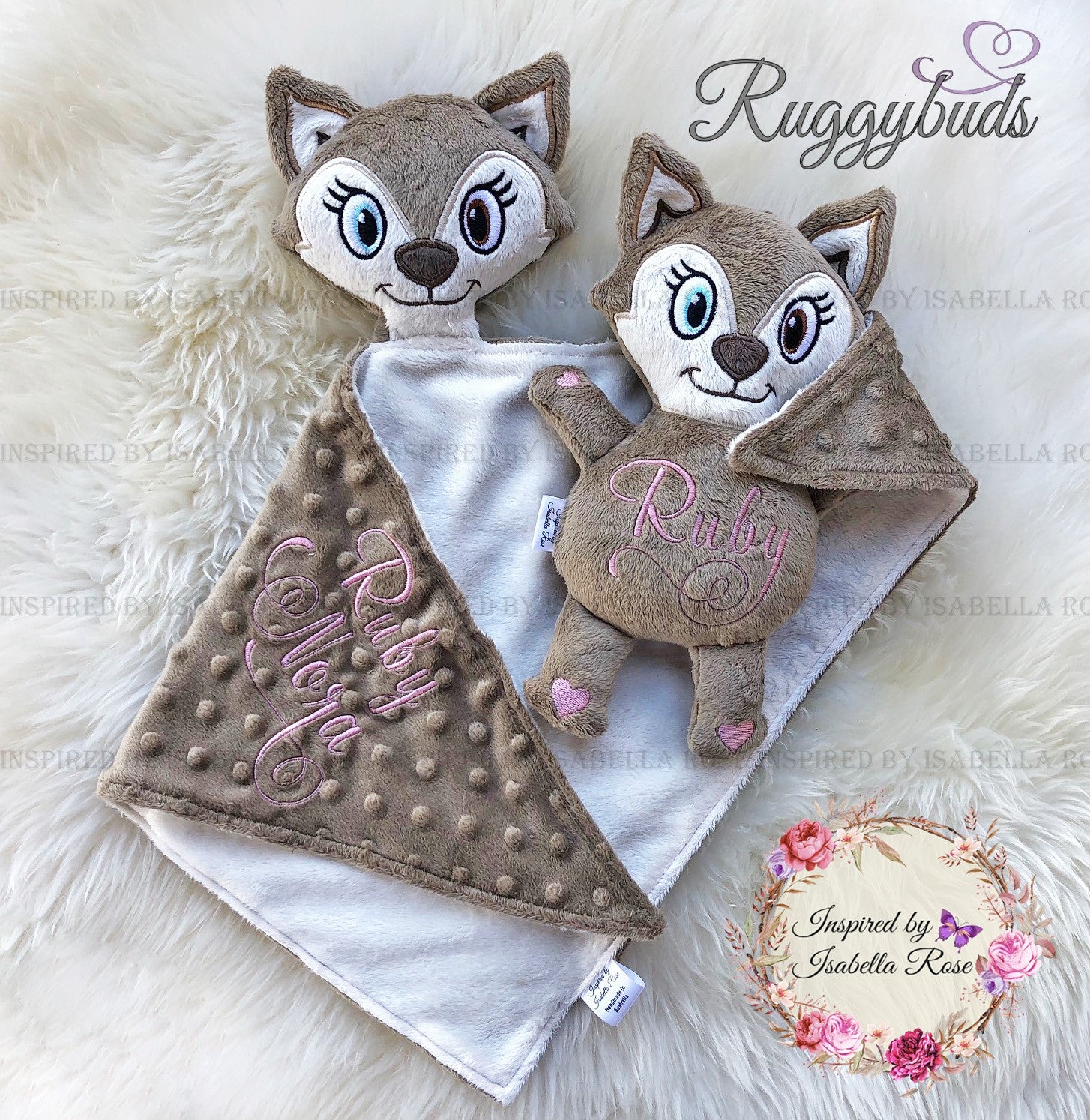 Baby comforter, Embroidered name, Fox themed Ruggybud, Made to order
