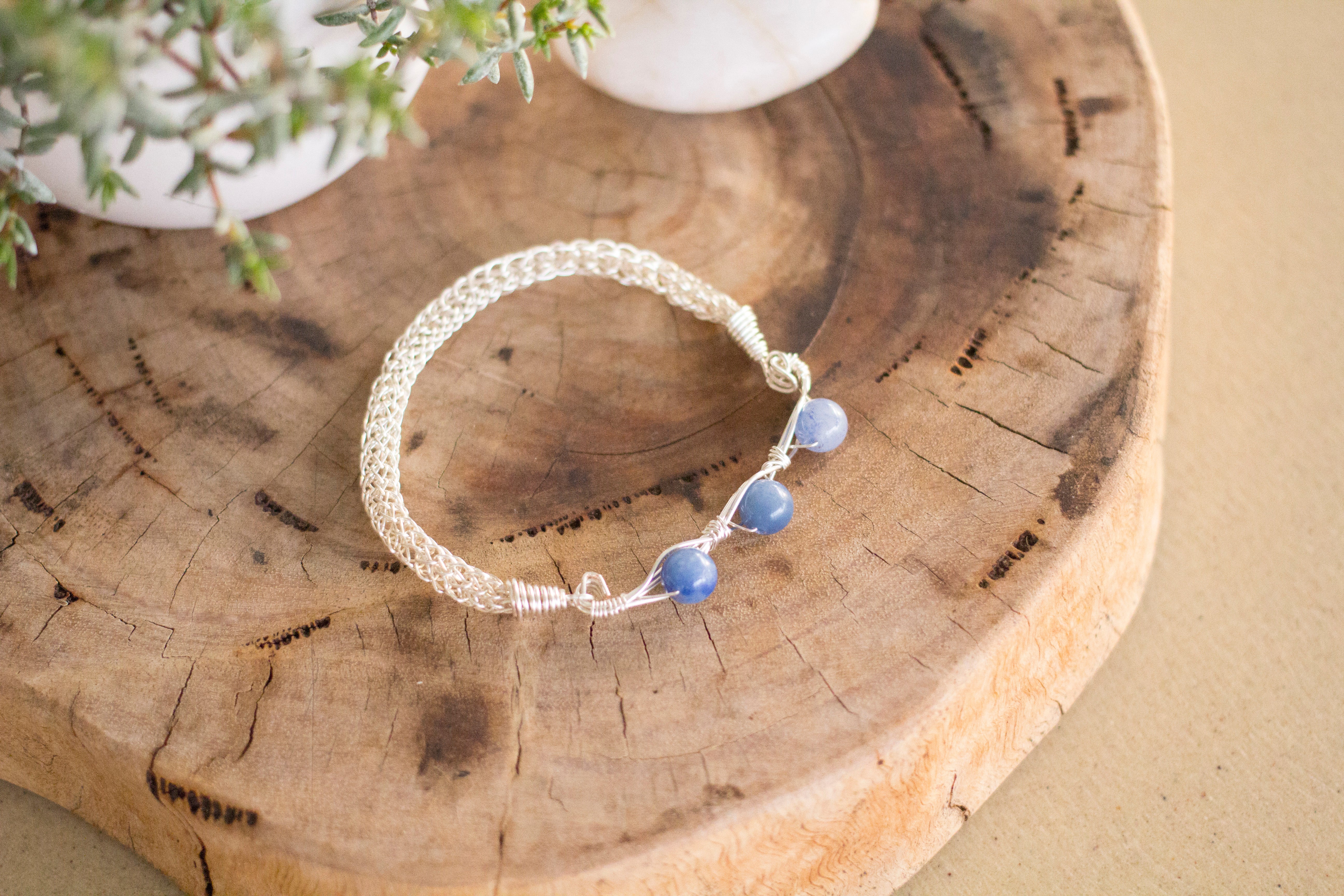 Blue Aventurine Silver Wire Knitted Bangle Bracelet