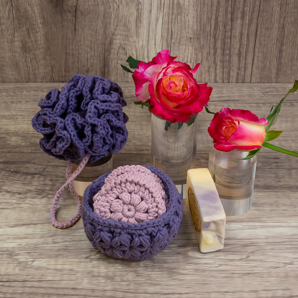 Bathroom/Spa Pamper Pack - Gift Set- Shower Puff, Face Scrubbies and Scrubby Holder