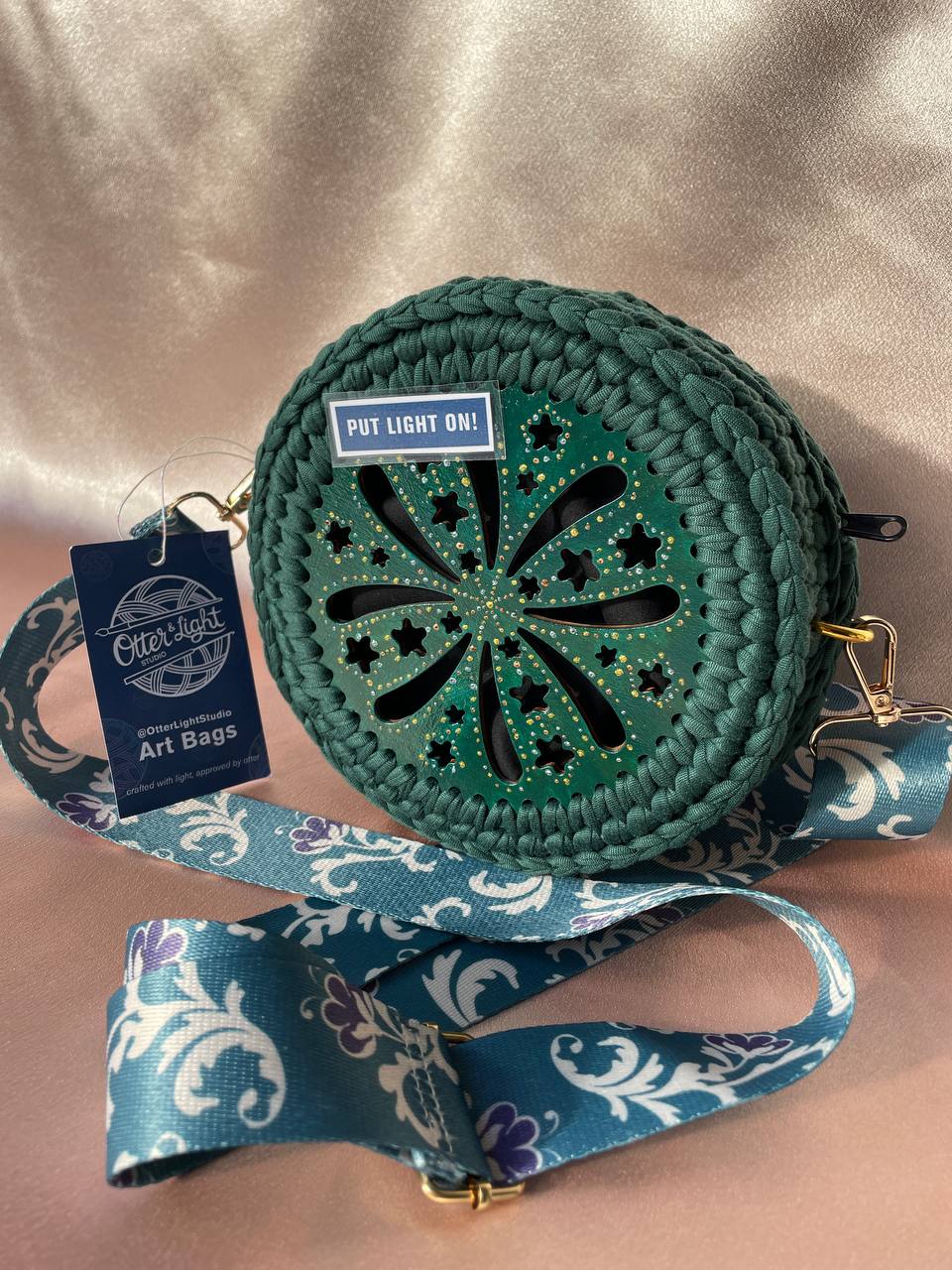 LED lights Crossbody bag | Handmade crochet bag with painting artwork