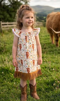 ''Highland Cow'' Girls Boho Dress with Suede Fringe Size 2-4