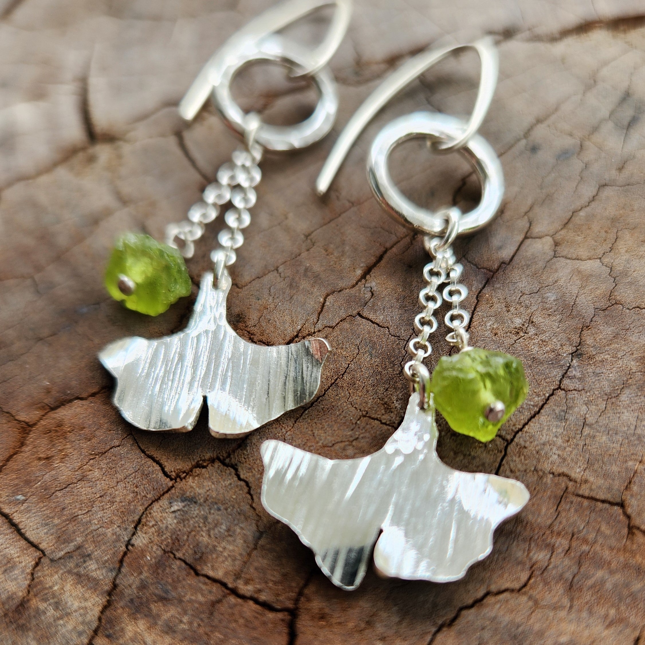 Ancient warrior ginkgo earrings with raw peridot - two size options