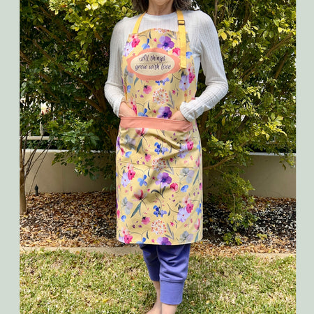 Floral Artwork Apron — “All Things Grow With Love” | Handmade 100% Cotton Apron