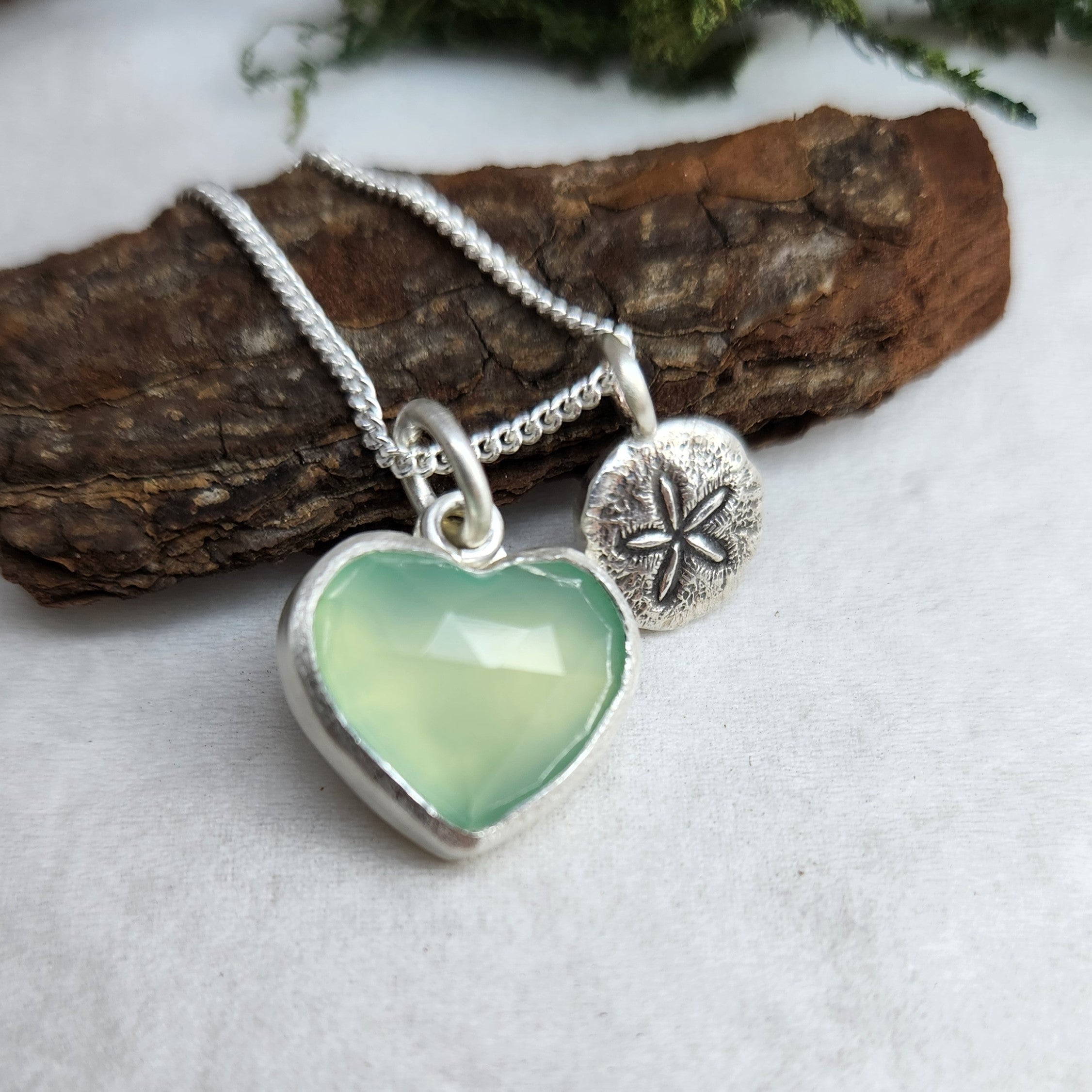 Heart of the summer pendant with aqua chalcedony and sand dollar