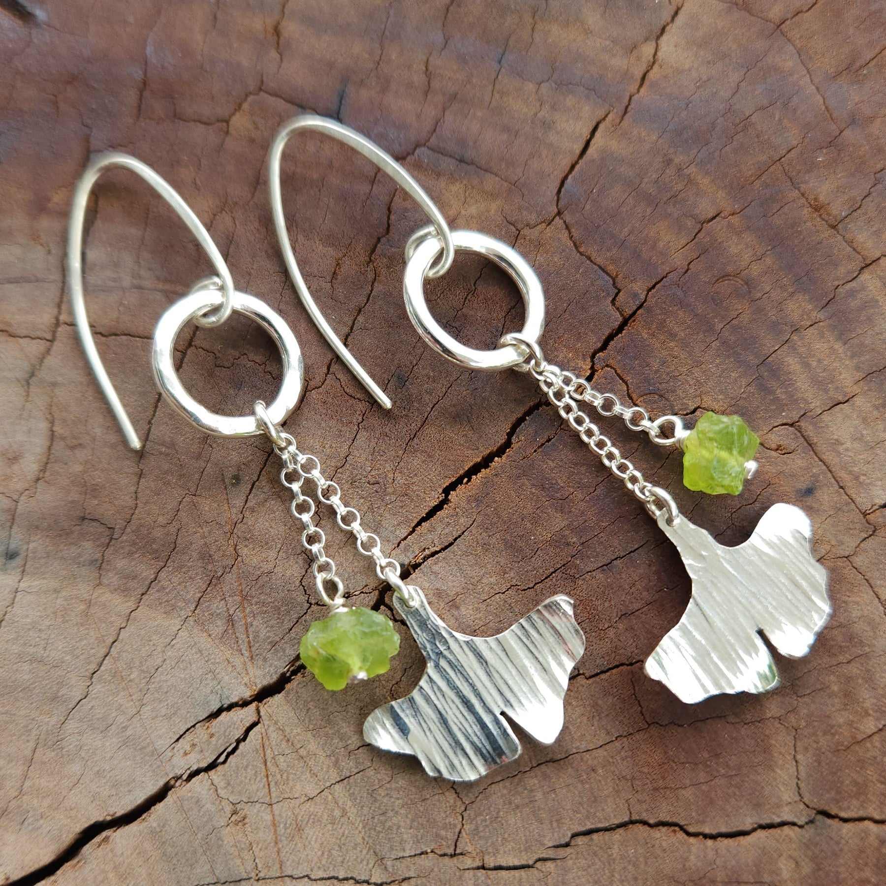 Ancient warrior ginkgo earrings with raw peridot - two size options