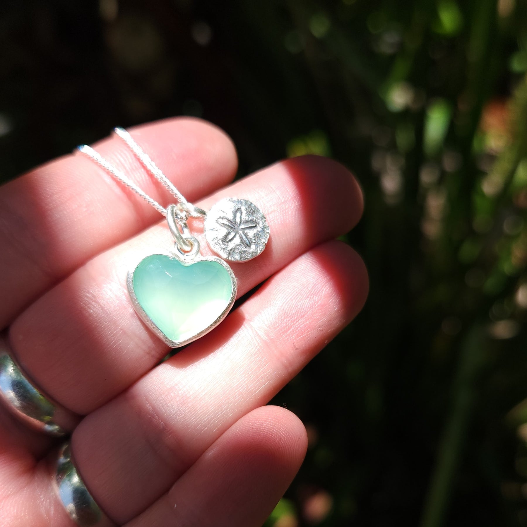 Heart of the summer pendant with aqua chalcedony and sand dollar