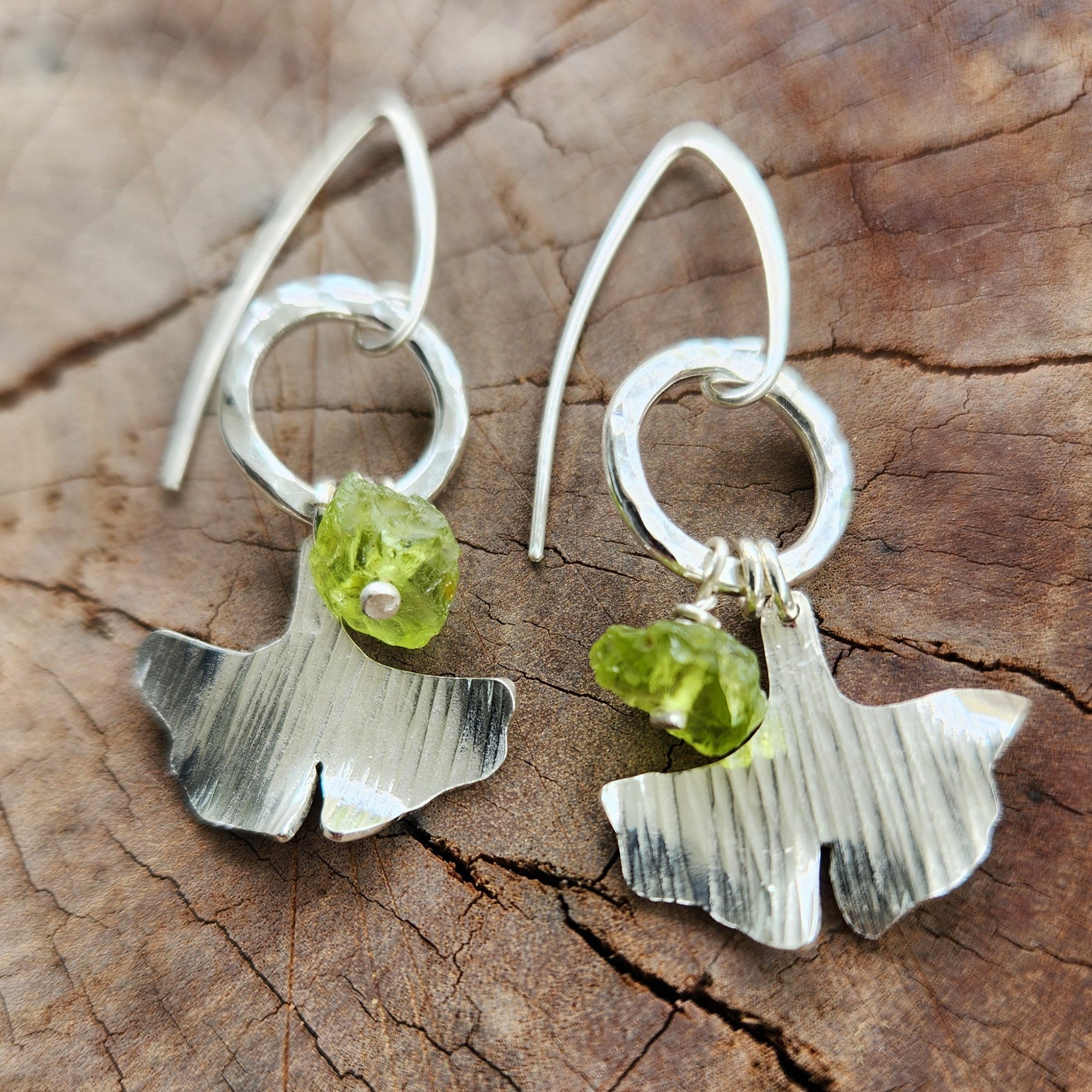 Ancient warrior ginkgo earrings with raw peridot - two size options