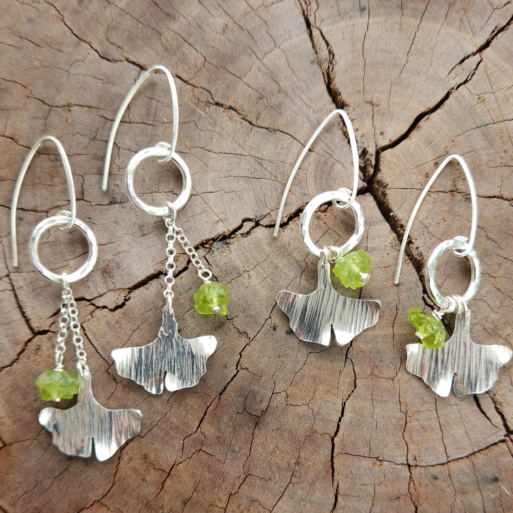 Ancient warrior ginkgo earrings with raw peridot - two size options