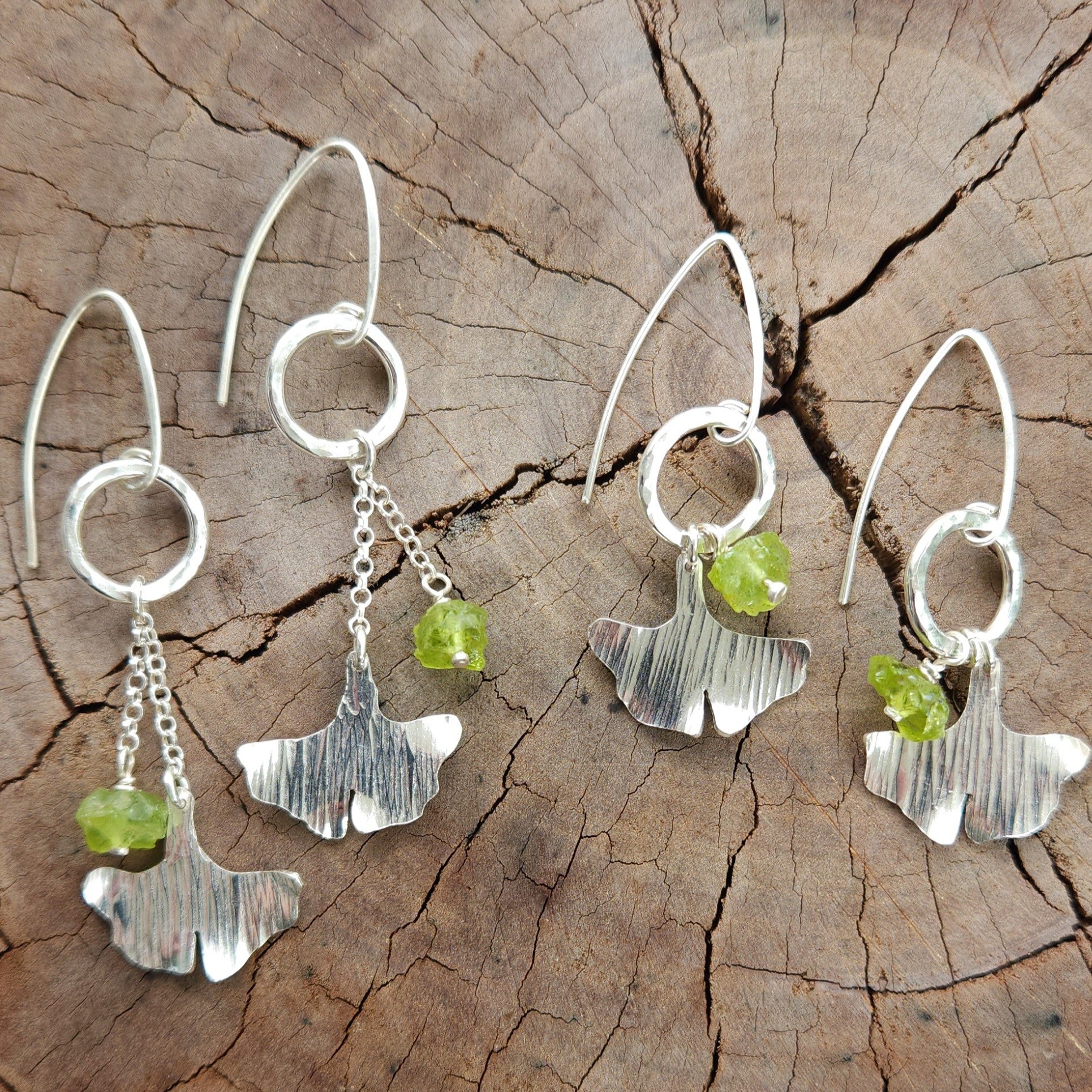 Ancient warrior ginkgo earrings with raw peridot - two size options