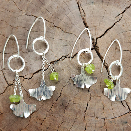 Ancient warrior ginkgo earrings with raw peridot - two size options