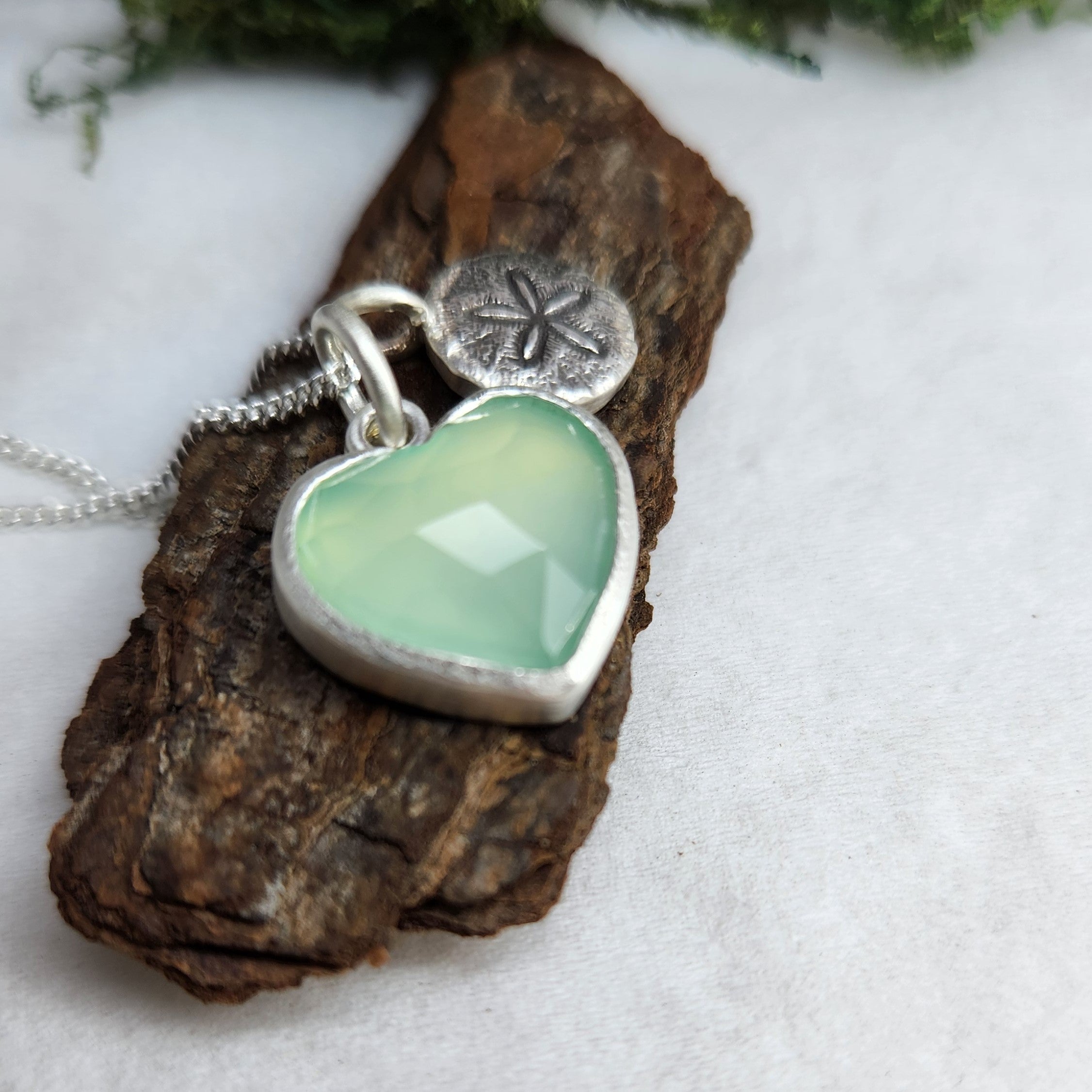 Heart of the summer pendant with aqua chalcedony and sand dollar