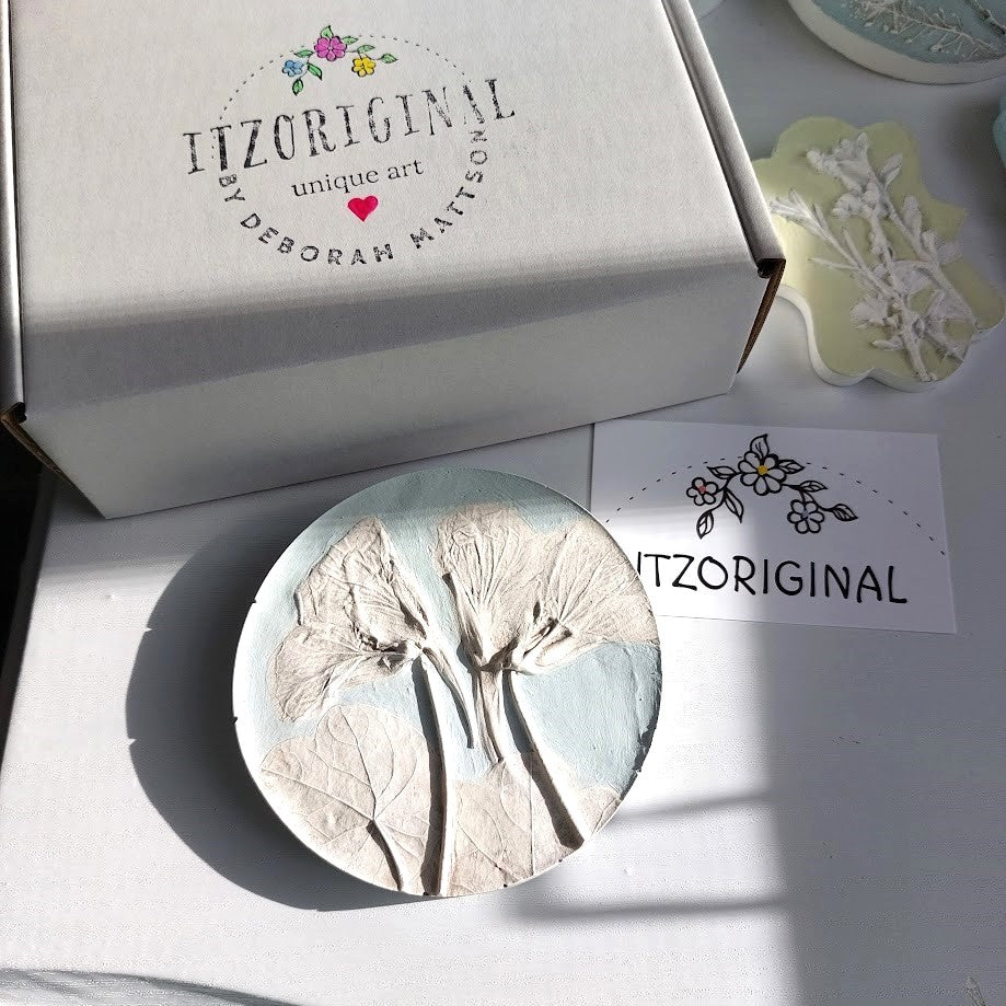 Hand-pressed botanical Wall Art | Floral Bas-Relief Plaster Plaque