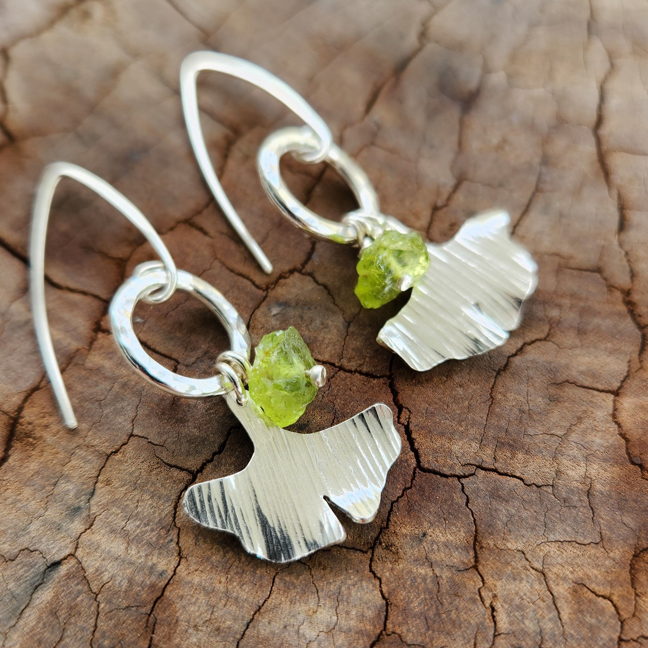 Ancient warrior ginkgo earrings with raw peridot - two size options