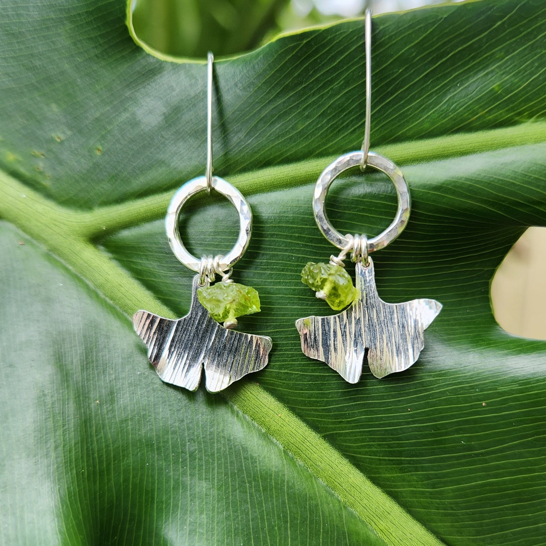 Ancient warrior ginkgo earrings with raw peridot - two size options