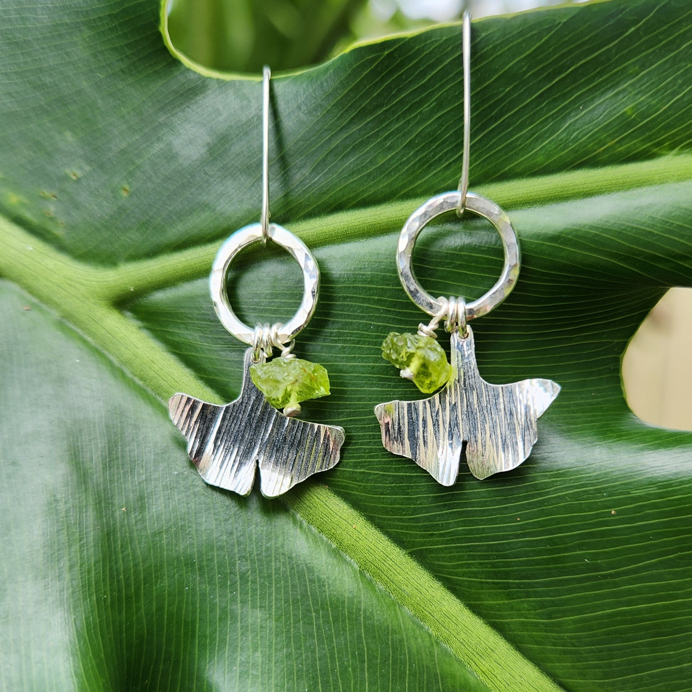 Ancient warrior ginkgo earrings with raw peridot - two size options