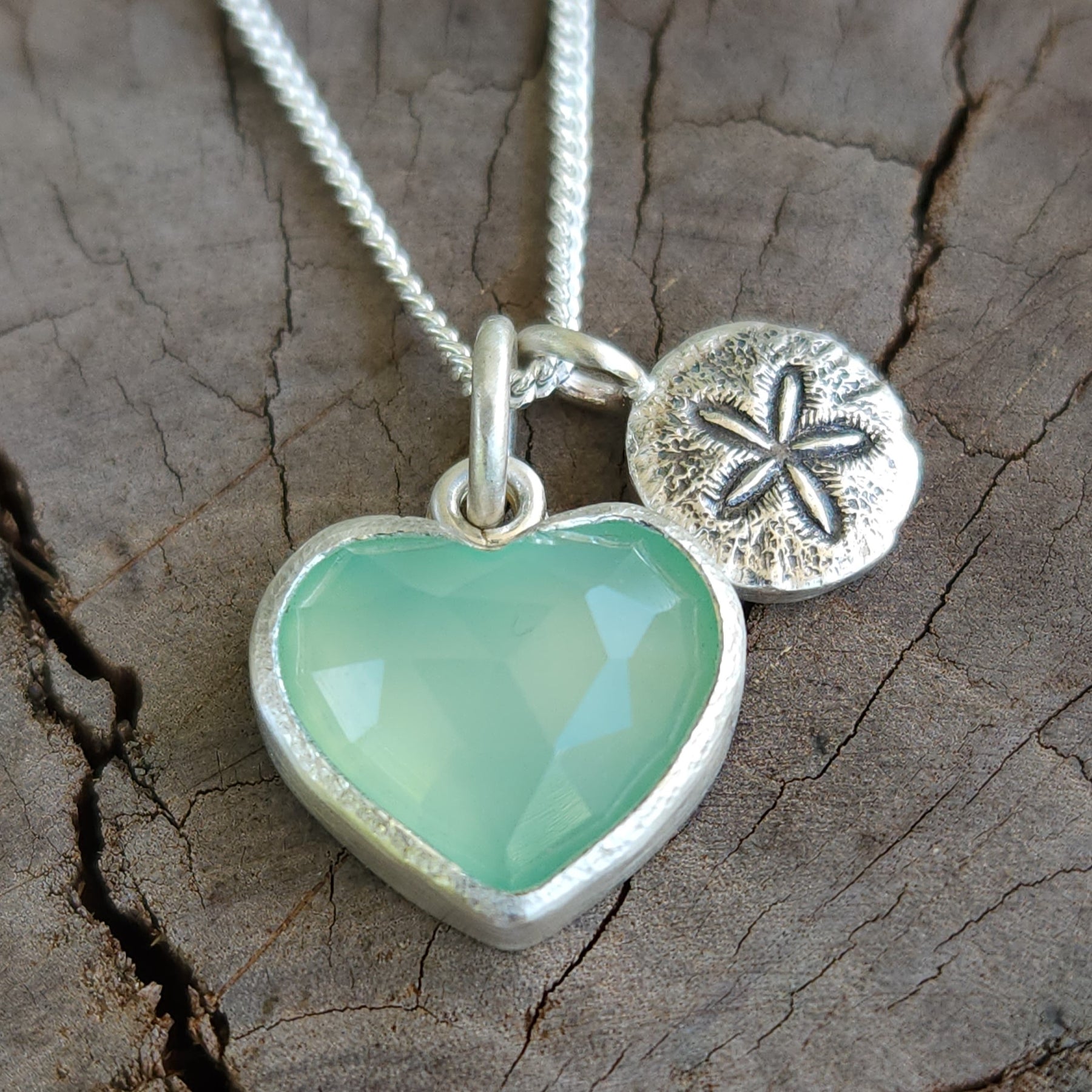 Heart of the summer pendant with aqua chalcedony and sand dollar