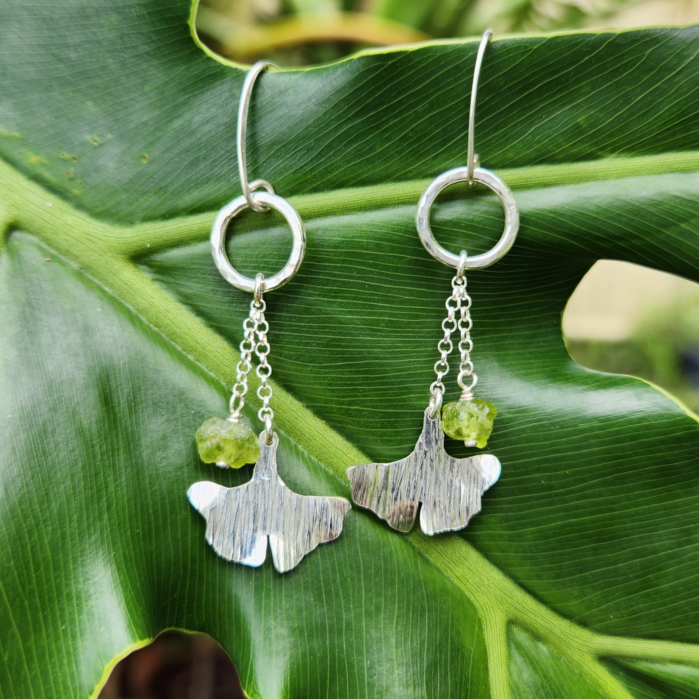 Ancient warrior ginkgo earrings with raw peridot - two size options