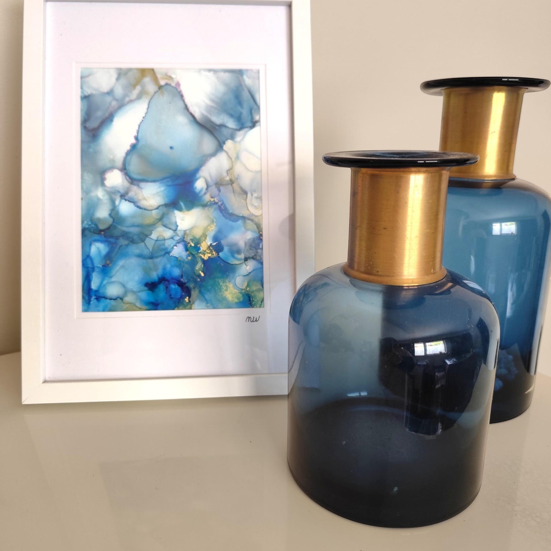Blue Alcohol Ink Painting – Framed Wall Art