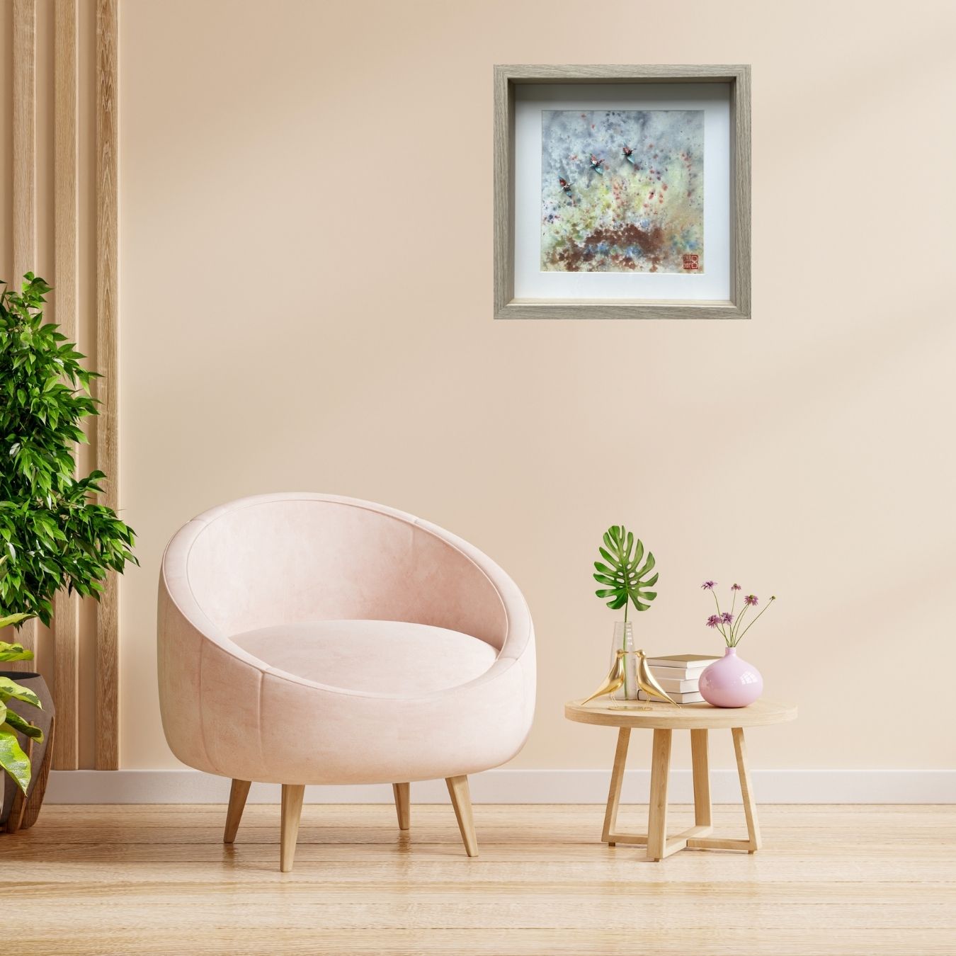 Above ancient land - watercolour and papercranes - framed art - perfect gift