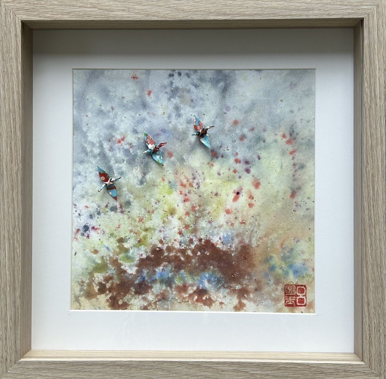 Above ancient land - watercolour and papercranes - framed art - perfect gift